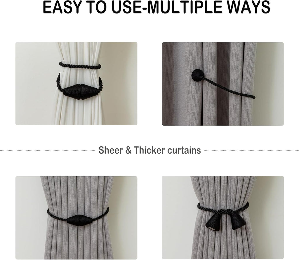 Magnetic Curtain Tiebacks 2 Pack Outdoor Rope Curtain Tie Backs Decorative Window Treatment Holdbacks for Home Decorative Curtain, Black