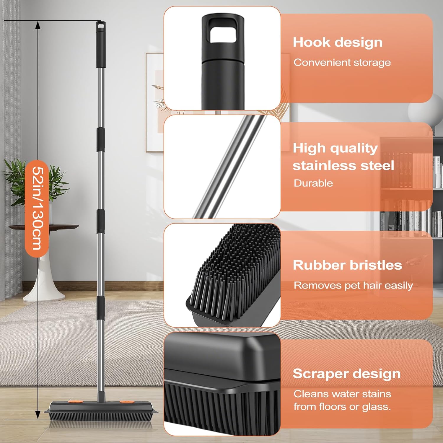 Pet Hair Removal Rubber Broom with Squeegee,Carpet rake for pet Hair Removal Tool,52 inch Adjustable Handle,Includes 1 Microfiber Cloth for Floor Dusting and 1 Pet Hair Comb Long Extension Pole