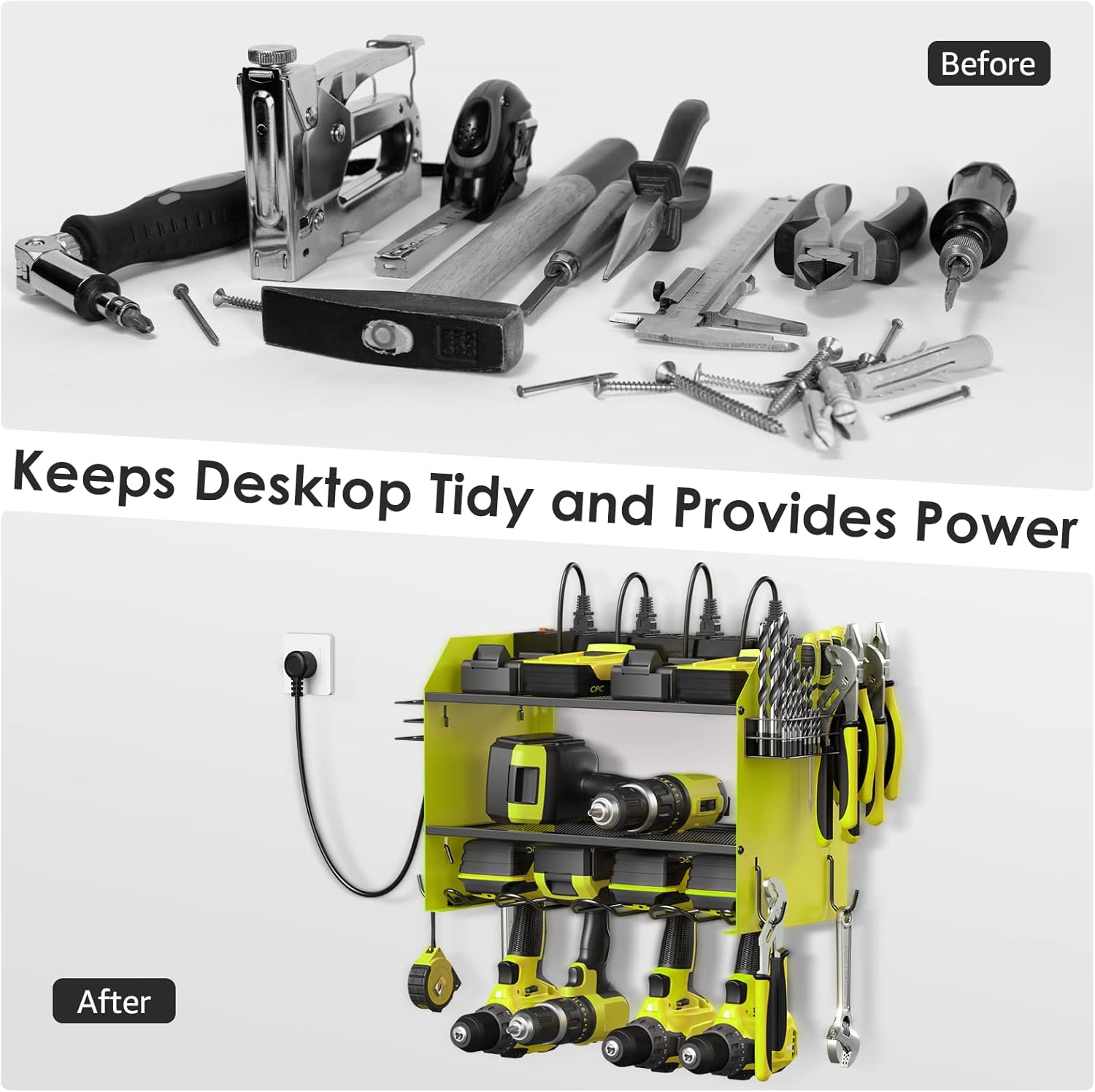 CCCEI Set Power Tool Organizer Wall Mount with Charging Station. Garage 4 Drill Storage Shelf with Hooks, Heavy Duty Metal Tool Battery Charger Organizer. Shop Utility Rack with Power Strip Green.