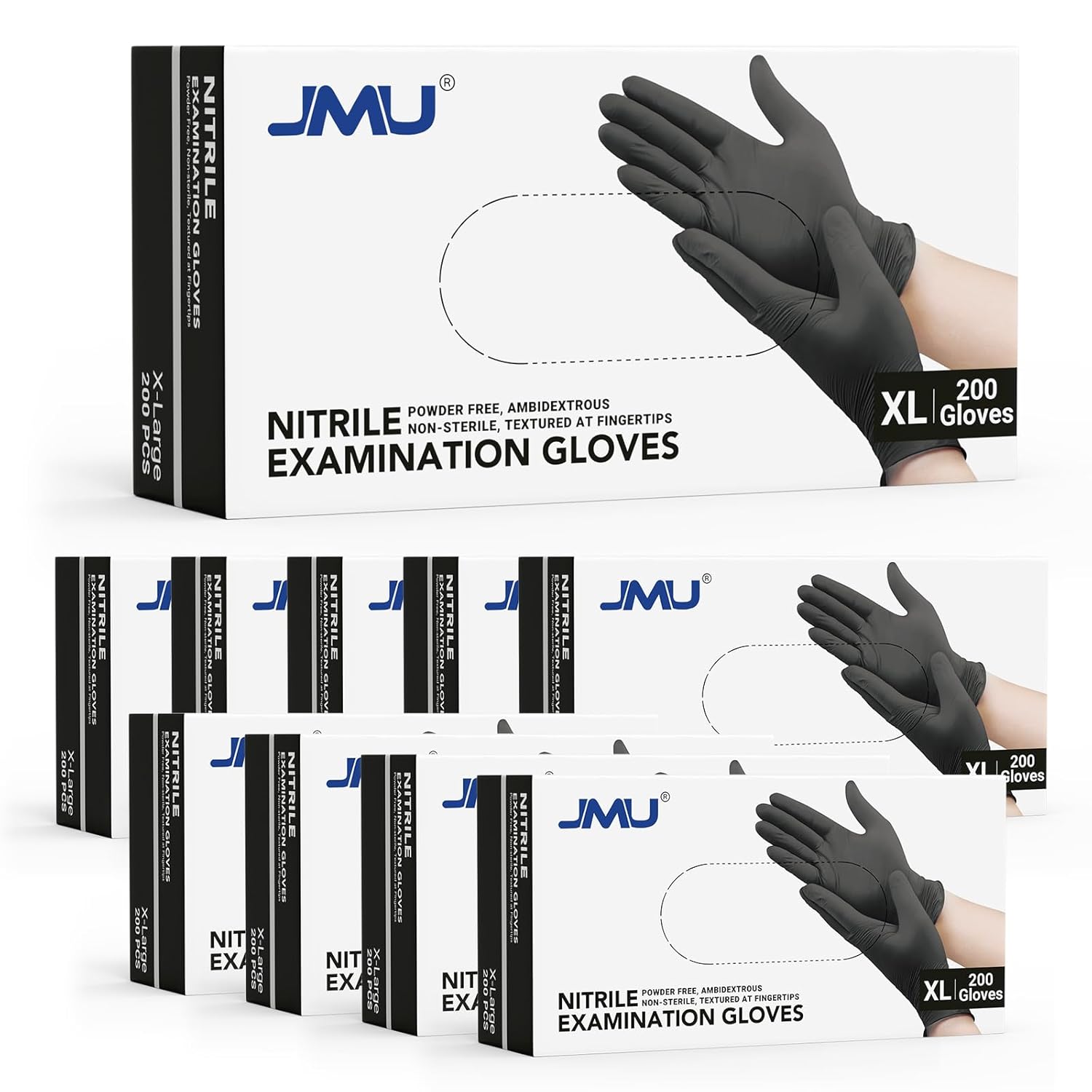 JMU Medical Nitrile Exam Gloves XL, 2000 Count, 3.5Mil Disposable Black Nitrile Gloves Latex Free Powder Free