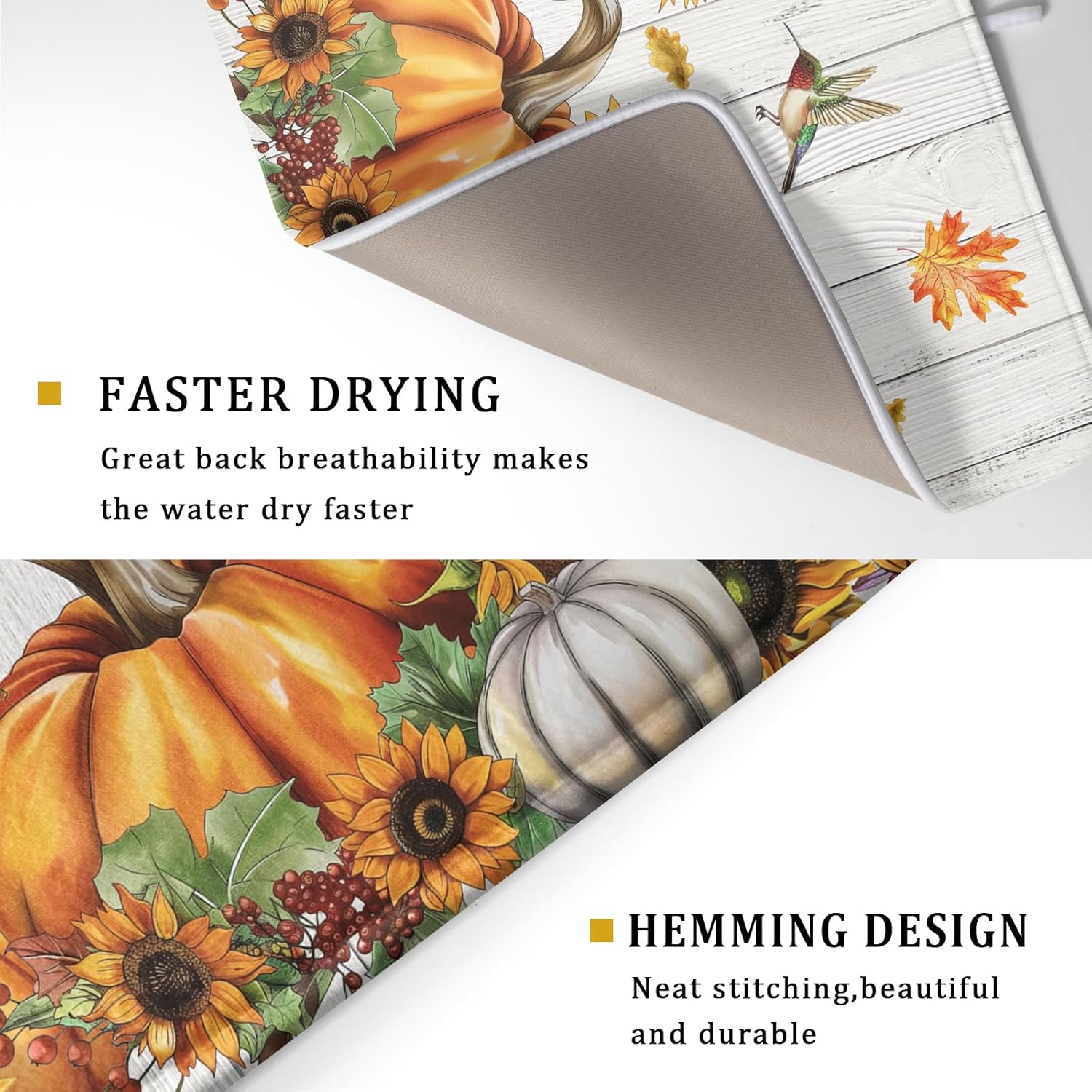 Autumn Harvest Pumpkin Dish Drying Mat for Kitchen Counter Sunflower Maple Leaves Fall Dish Drying Mat 18”x24” Thanksgiving Dishes Pad Dish Drainer Rack Mats Absorbent Fast Dry Kitchen Accessories
