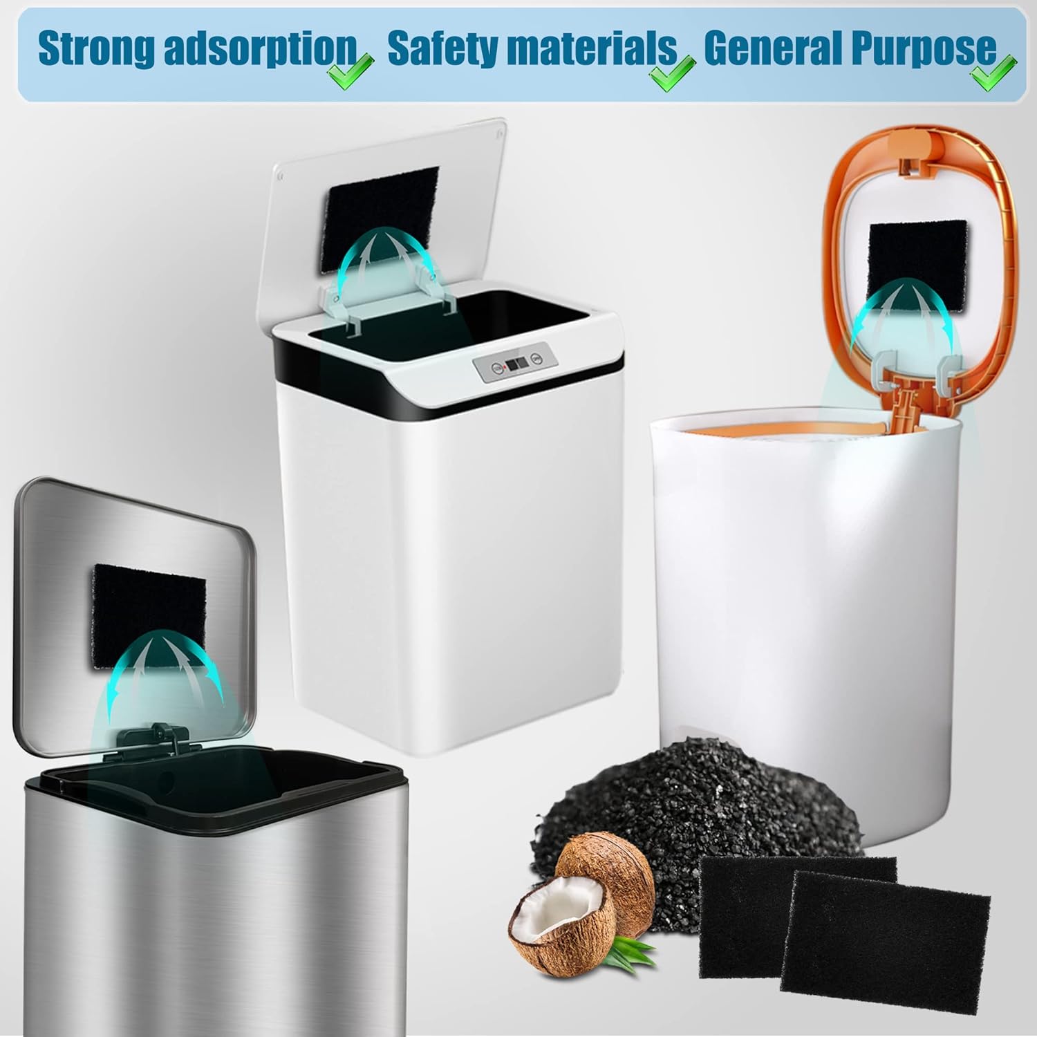 12-Pack Universal Stick-on Trash Can Odor Absorbing Filters, Activated Charcoal Purifying Deodorizer for Trash Cans, Compost Buckets, Countertop and Recycle Bins (Rectangle)