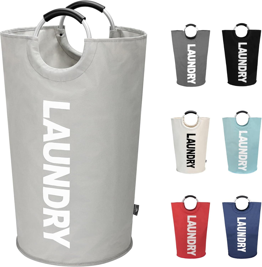 DOKEHOM 90L Large Laundry Basket, Collapsible Laundry Bag, Freestanding Tall Clothes Hamper, Foldable Washing Bin (Grey)