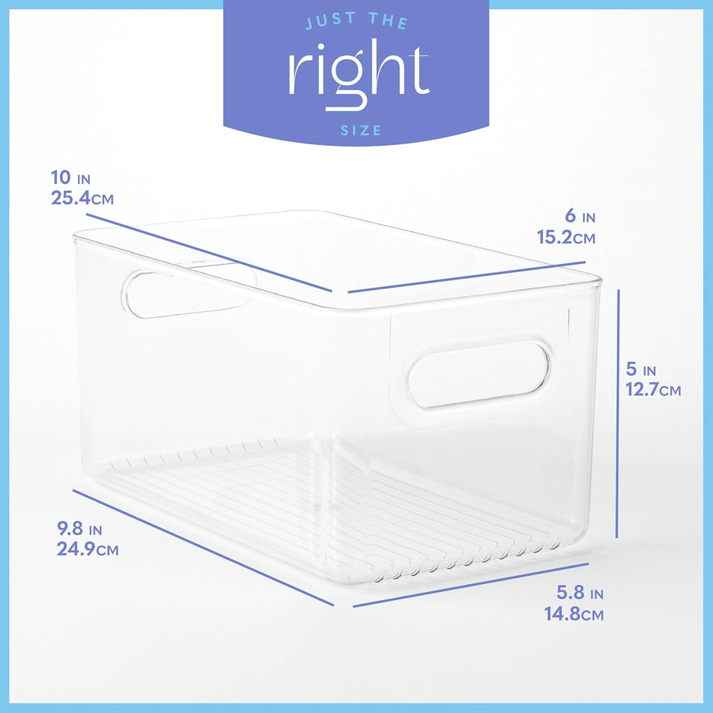 Plastic Food Storage 4 Pack Clear Container Bin with Handles for Organizing Kitchen, Pantry, Fridge, Freezer, Pantry,Bathroom. 10"x6"x5"