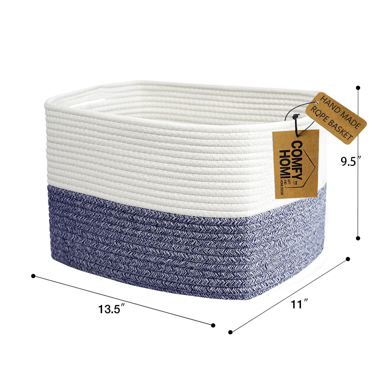 COMFY-HOMI 3 Pack Medium Cotton Rope Basket with Handles for Shelves, Dog Toy, Baby, Gift Organizing, Handwoven Craft - New Generation 13.5" x 11" x 9.5" (Navy Blue)