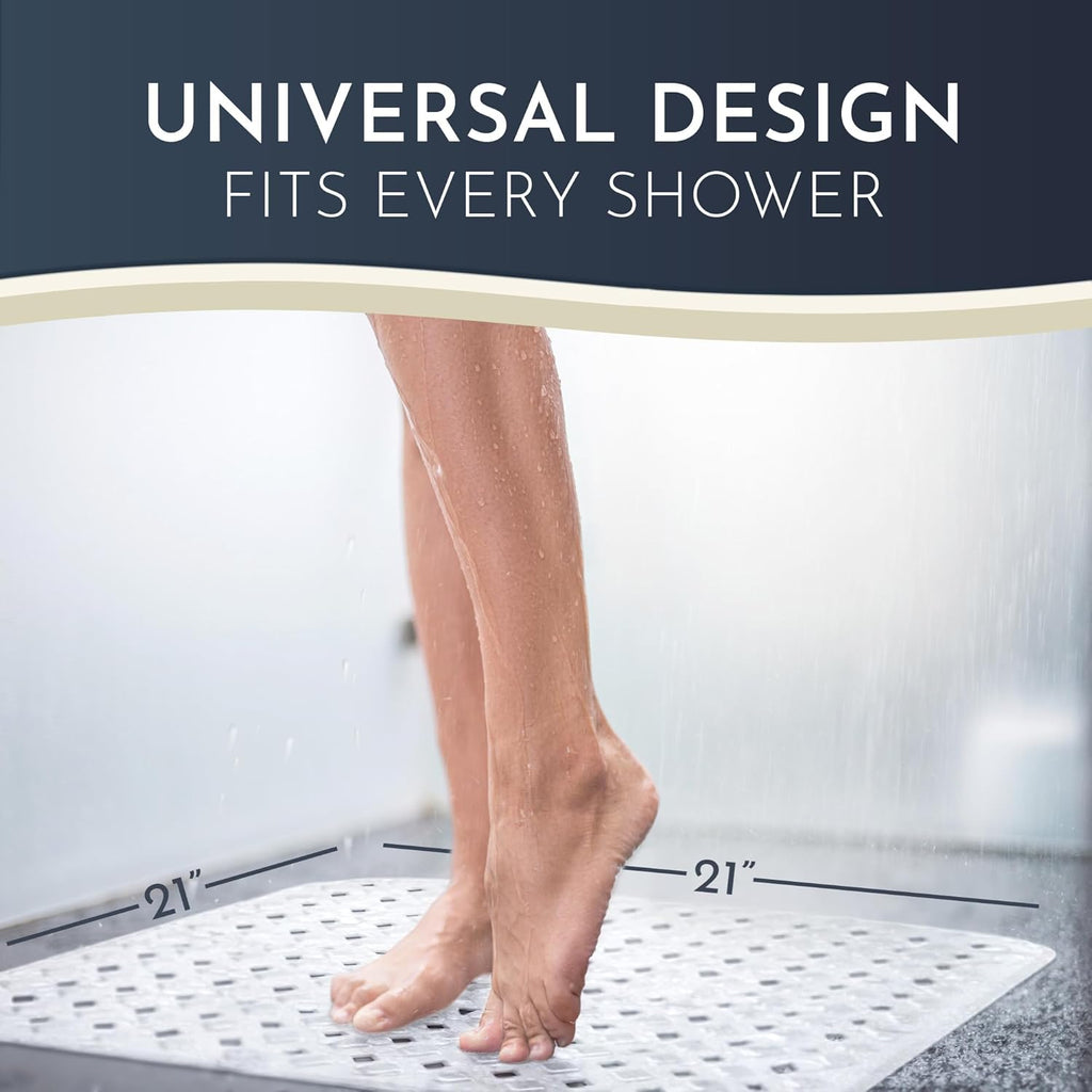 Homerella Anti Slip Shower Mat | Anti Mold Non Slip Bathtub Mat for Inside Shower | Square Floor Shower Mat 21 x 21 inch with Suction Cups for Grip & Hooks Hanging and Quick Drying | Machine Washable
