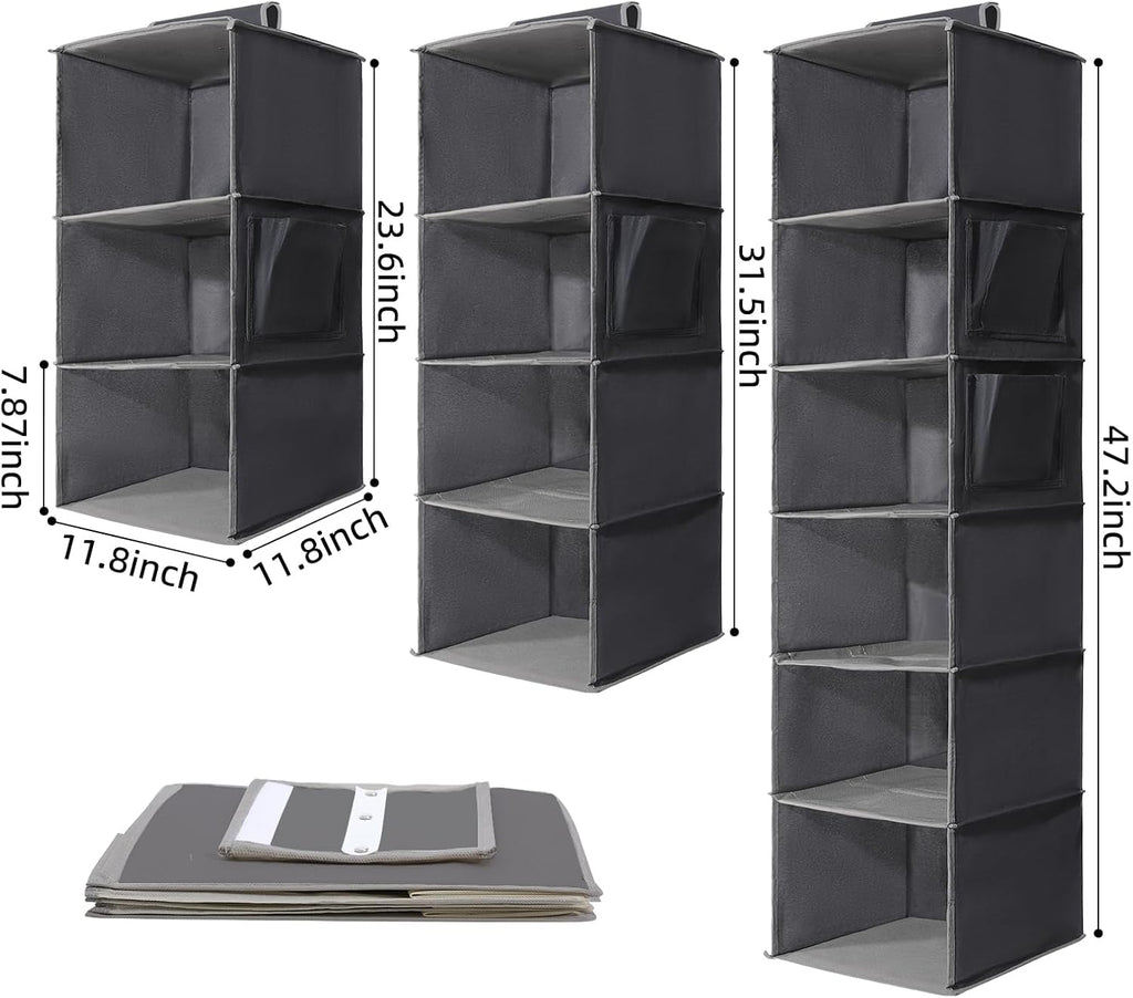 2 Packs Hanging Closet Organizer Storage, 6-Shelf Hanging Shelves for Closet, Closet Clothes Organizer and Storage with Side Pockets, Grey