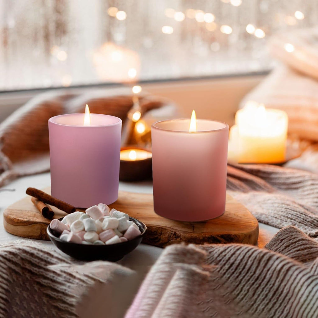 SHOWIN 14 OZ Thick Candle Jars for Making Candles 12 Pcs, 3 Wick Empty Jars with Wood Lids for Candle Making, Sample Container, Frosted Pink