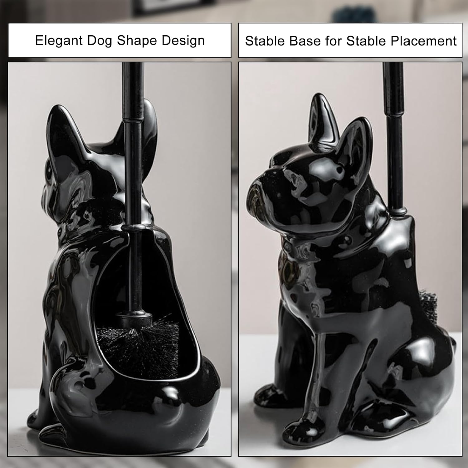 Comeon Ceramic Dog White/Black Toilet Brush and Holder Set, Plastic Handled Scrub Brush for Bathroom Cleaning,13.7"*6.3" (Black)