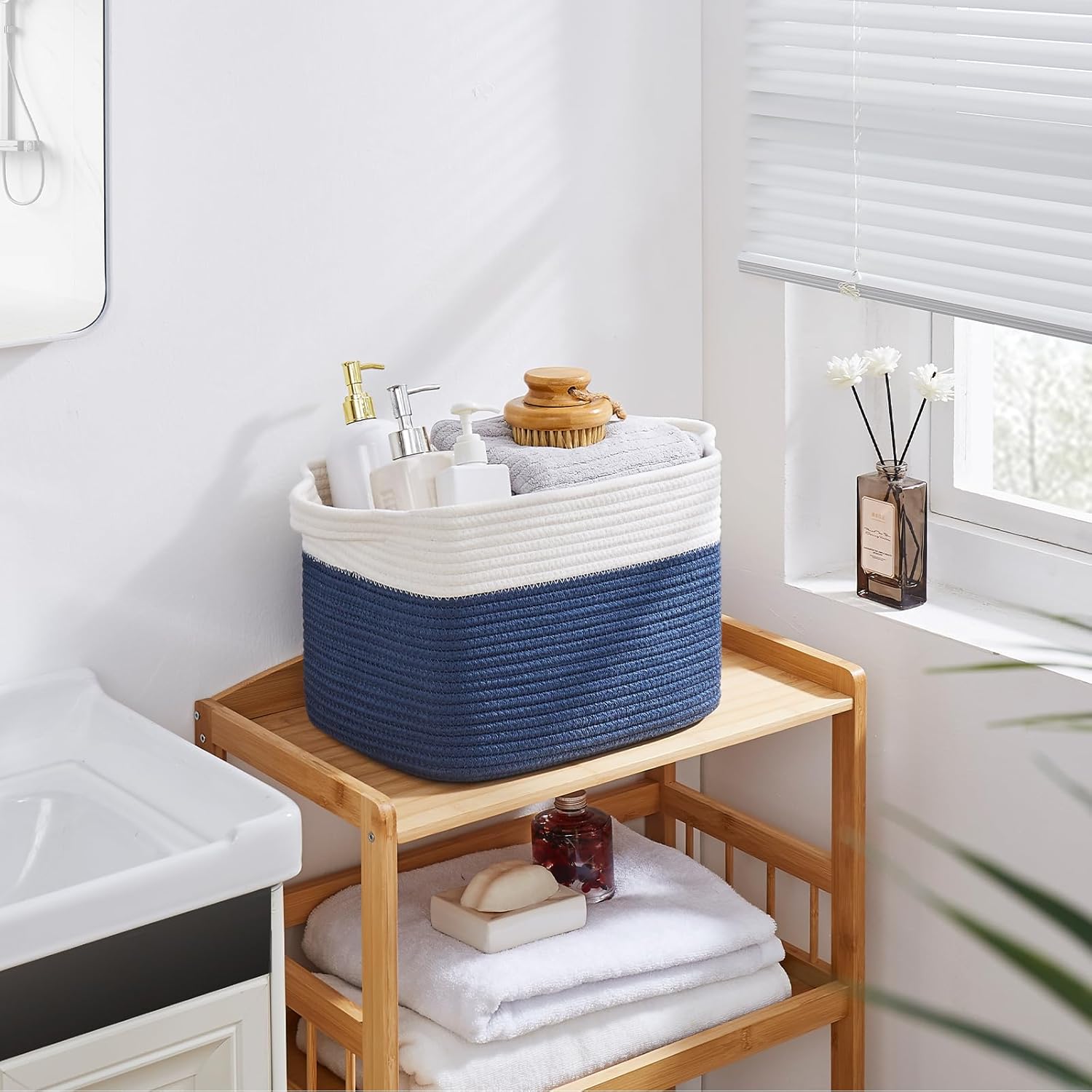 OIAHOMY Storage Baskets - Woven Cotton Rope Baskets for Shelves, Toy Towel Organizer Bins, Pack of 3, Blue & White