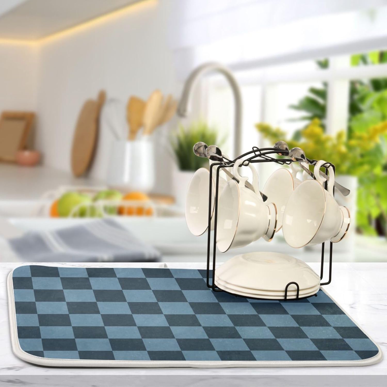 Buffalo Plaid Navy Blue Dish Drying Mat for Kitchen Countertop 16x18 Chessboard Rectangle Small Drying Mat Reusable Quick Dry Dish Sink Absorbent Mats Dishwasher Easy Clean Decorative Home Essentials