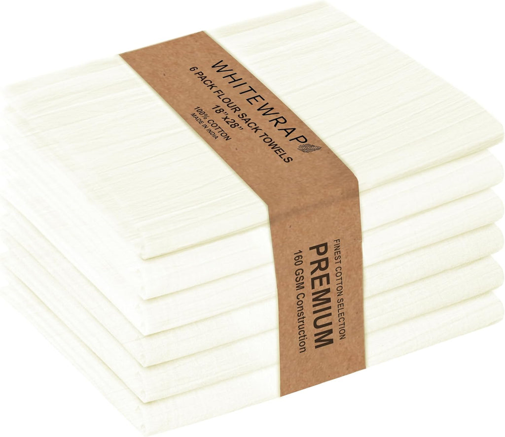 WHITEWRAP Flour Sack Towels| Tea Towel for Crafts| Kitchen Dish Cotton Blank Towel for Embroidery|Baking Bread Proofing Linen Cover| Thick Absorbent Quick Dry| 6 Pack 18"x28" Natural
