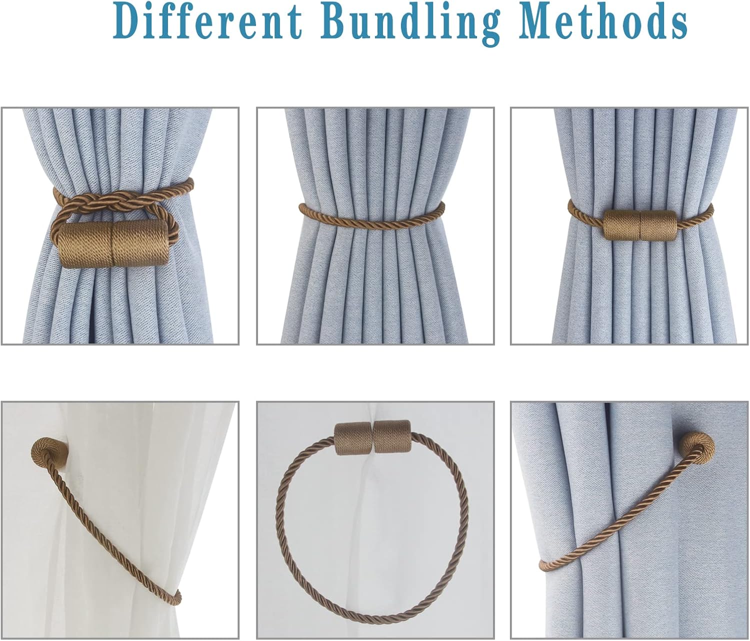 Magnetic Curtain Tiebacks 6 Pack Khaki Curtain Rope Tieback Curtain Holders for Drapes Modern Tie Backs Decorative Curtain Holdbacks
