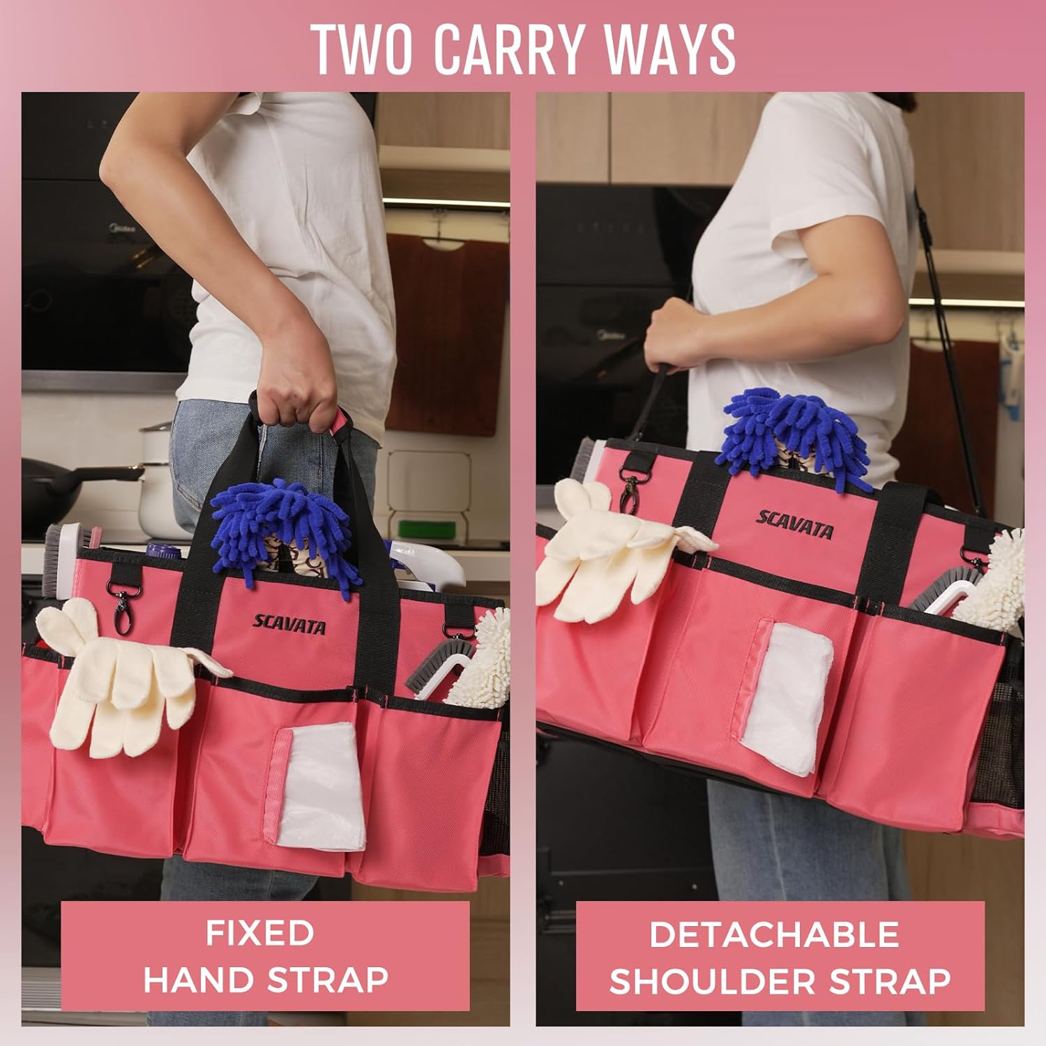 Wearable Cleaning Caddy Bag, Cleaning Caddy Supplies Organizer with Handle & Shoulder Straps for Housekeepers, Under Sink & Car Cleaning Tool Organizers with 4 Foldable Divider (RoseRed)