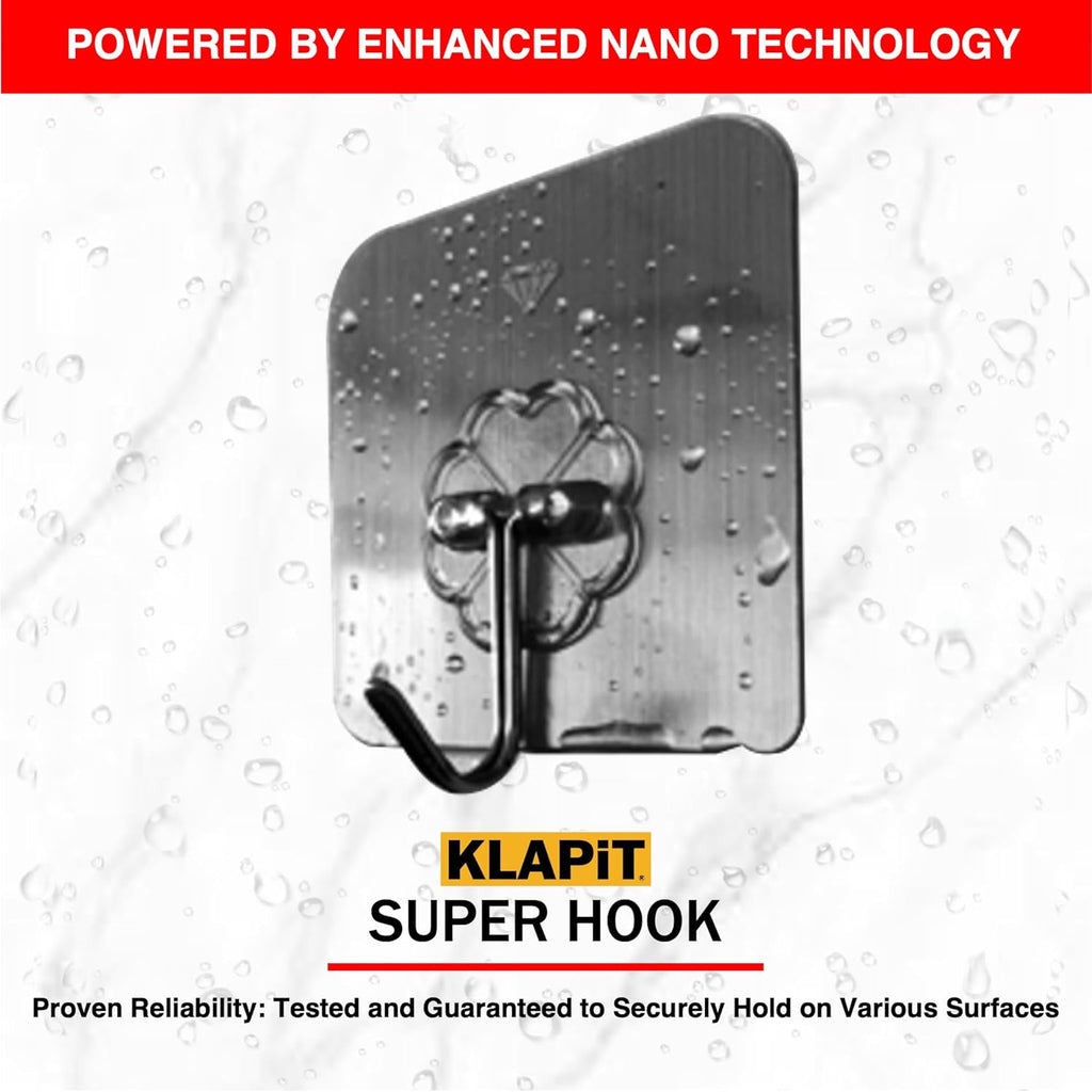 KLAPiT Super Hook - Heavy-Duty Adhesive Wall Hooks, Holds Up to 11 lbs, Waterproof, No Damage, Easy Install on Tile, Wood, Stone, Glass & Metal - Made of Steel (Silver, 4pc)