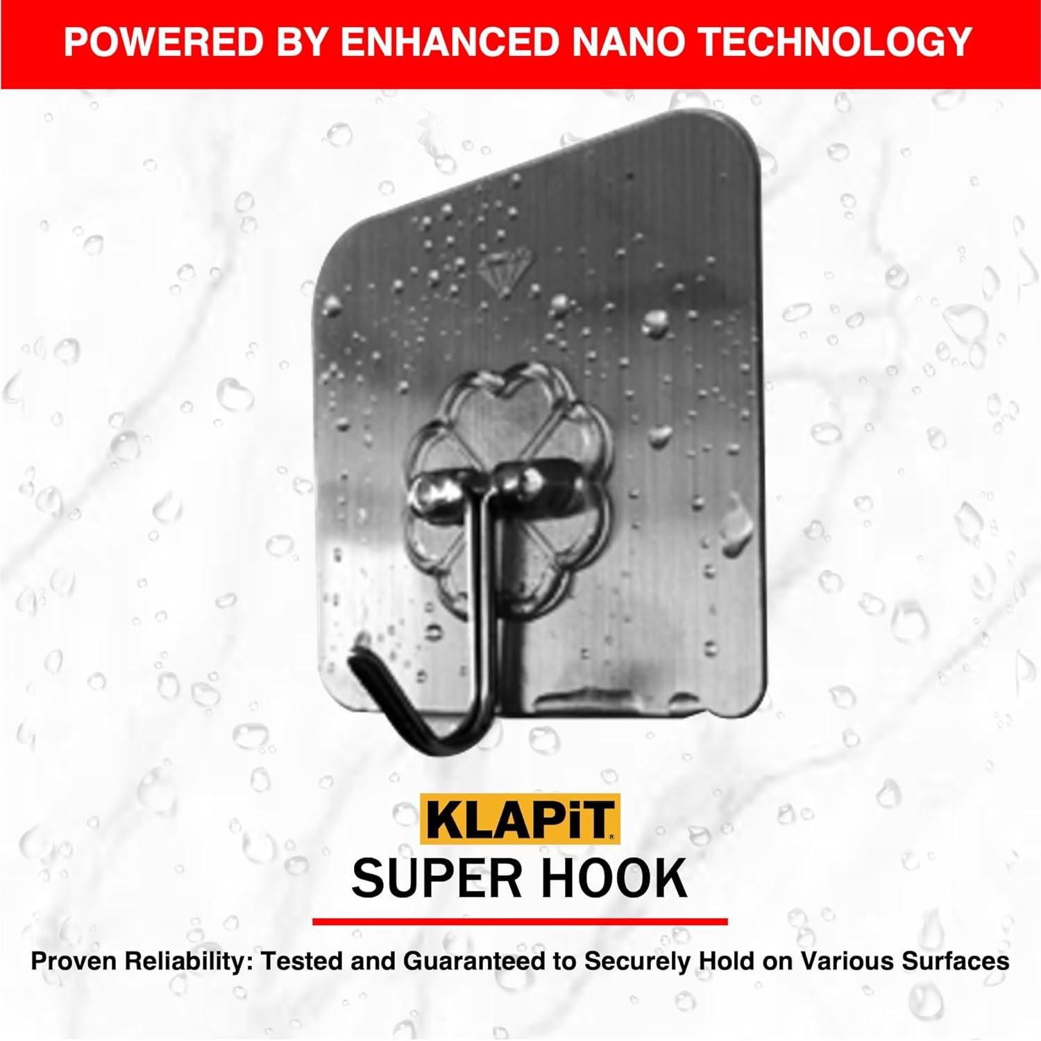 KLAPiT Super Hook - Heavy-Duty Adhesive Wall Hooks, Holds Up to 11 lbs, Waterproof, No Damage, Easy Install on Tile, Wood, Stone, Glass & Metal - Made of Steel (Silver, 4pc)