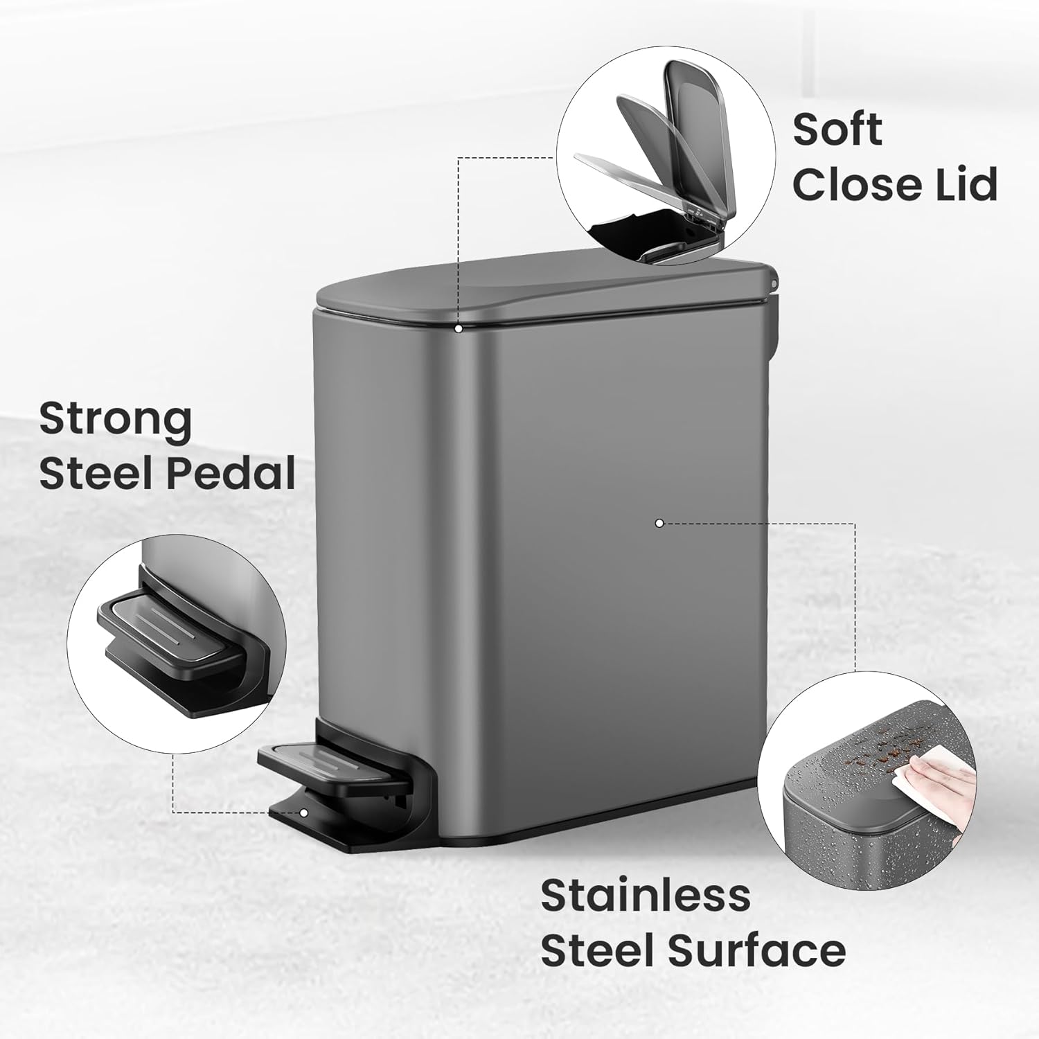 Cesun Small Bathroom Trash Can with Lid Soft Close, Step Pedal, 6 Liter / 1.6 Gallon Stainless Steel Garbage Can with Removable Inner Bucket, Anti-Fingerprint Finish (Gray)