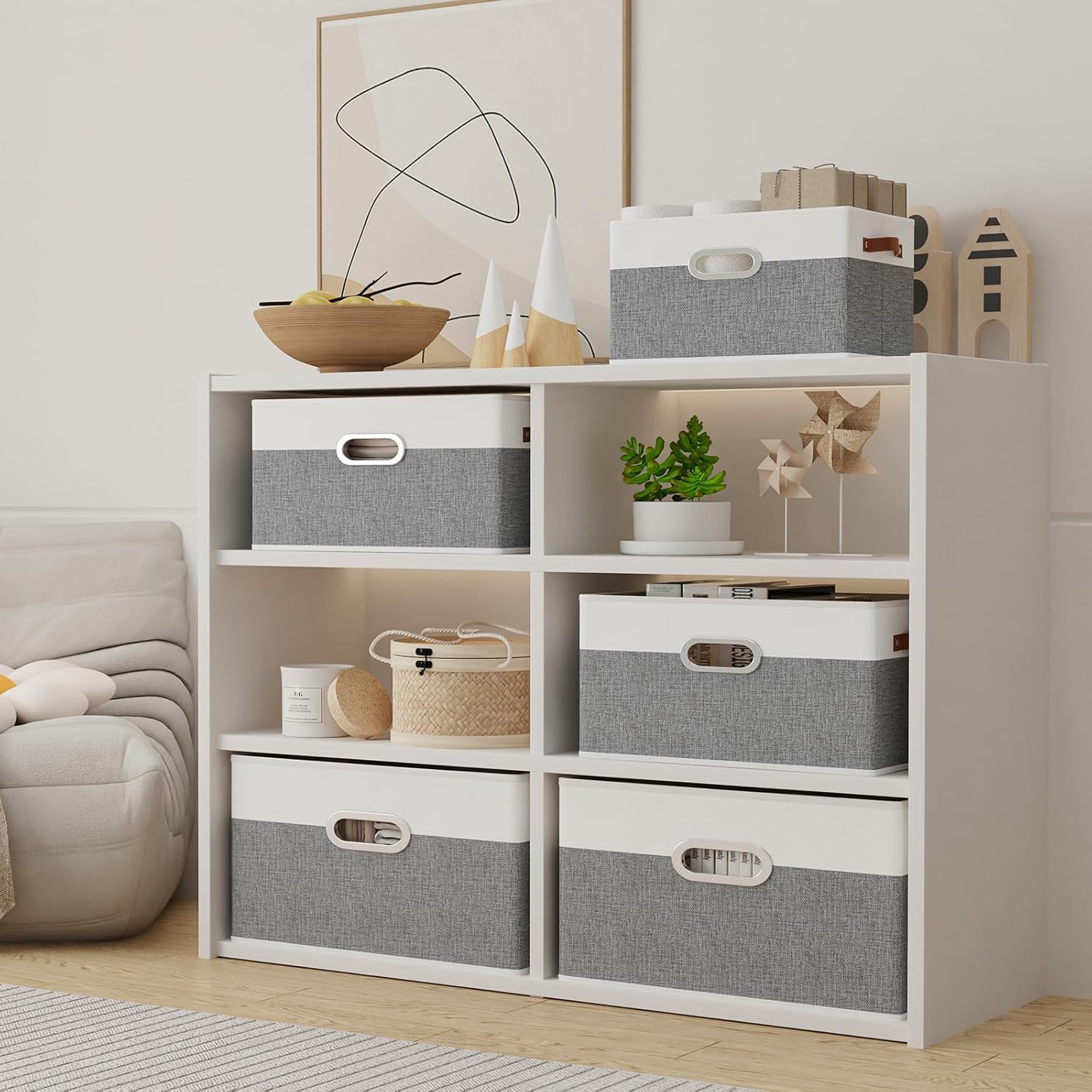 Yawinhe Foldable Storage Baskets for Shelves, Fabric Closet Organizers, Bins with 3 Handles, Cubes for Clothes, White/Grey, 15''Lx9.8''Wx8.3''H, 6-Pack