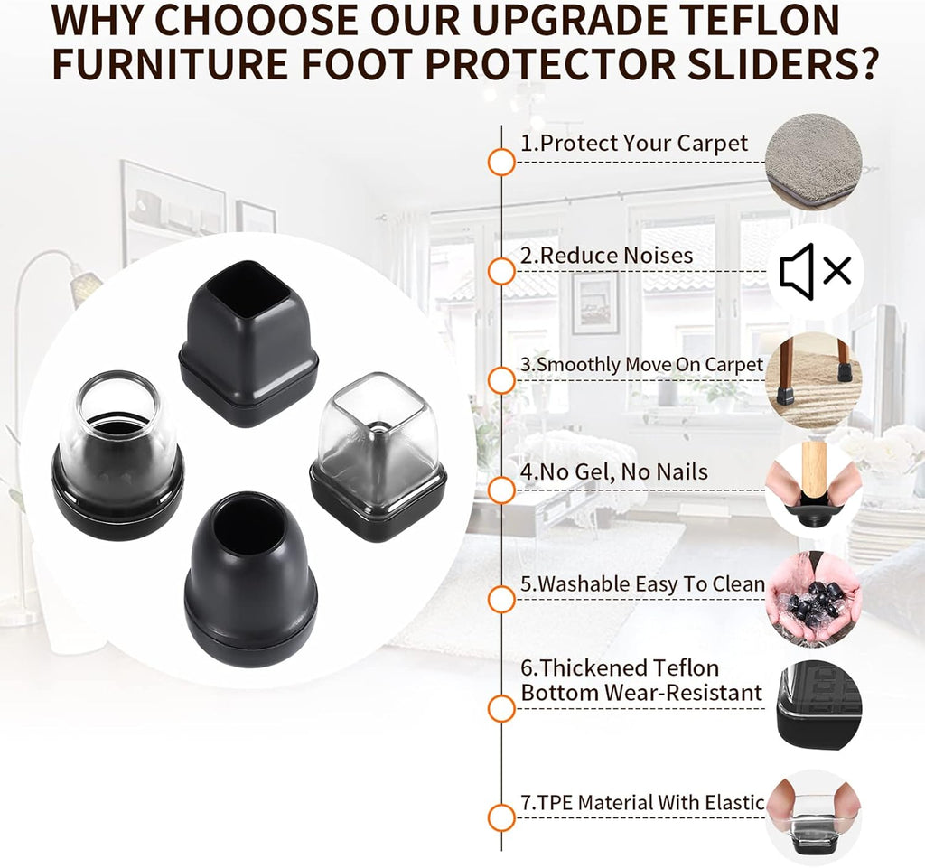 Ezprotekt 24 Pcs Extra Small Chair Leg Sliders for Carpet, Black Round Teflon Furniture Pads for Rug Glides Easily Without Scratches - for Table, Couch, Patio Chair Legs (S Fit: 0.55" - 0.75")