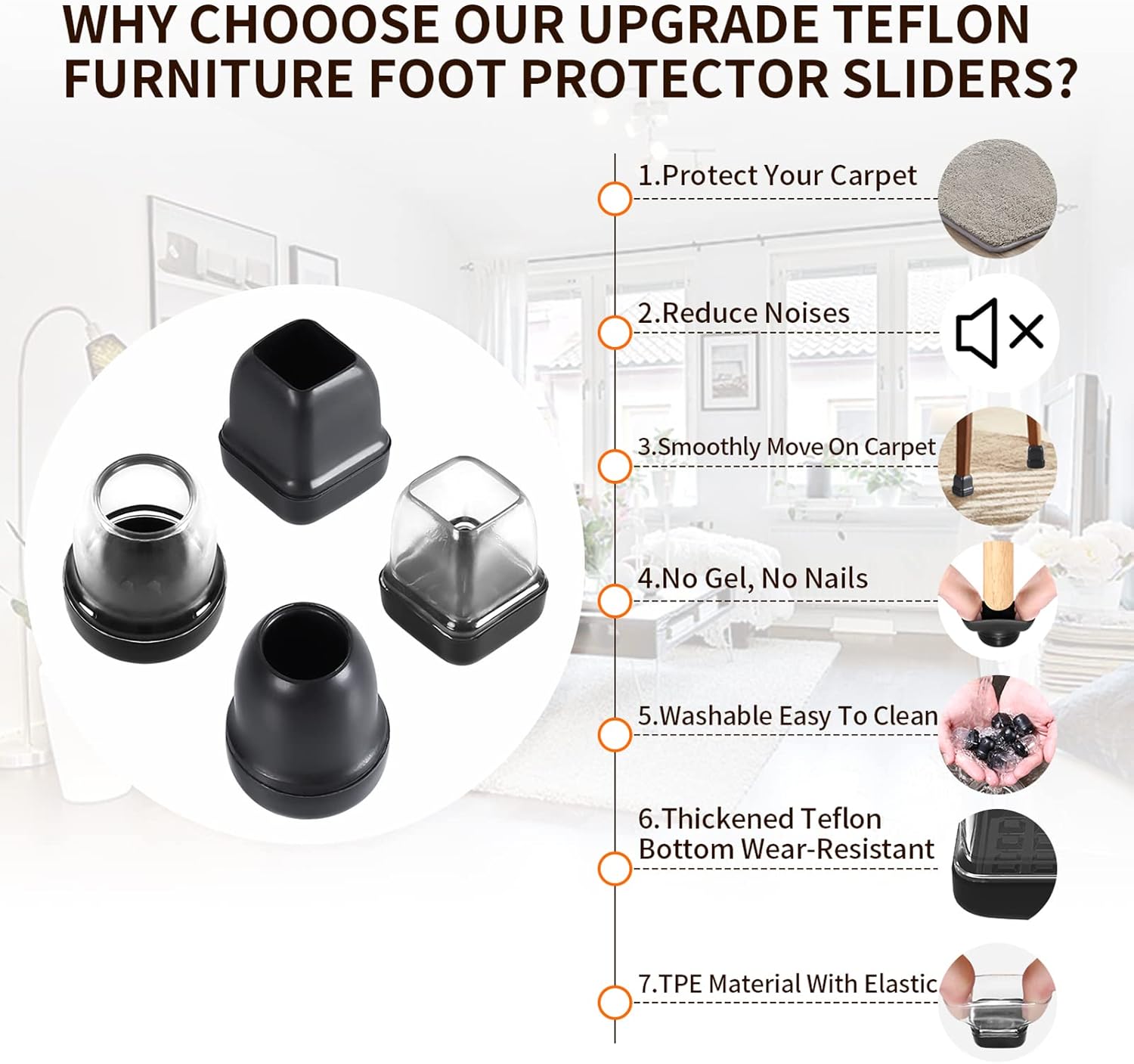 Ezprotekt 24 Pcs Extra Small Clear Chair Leg Sliders for Carpet, Round Teflon Furniture Pads for Rug Glides Easily Without Scratches - for Table, Couch, Patio Chair Legs (S Fit: 0.55" to 0.75")