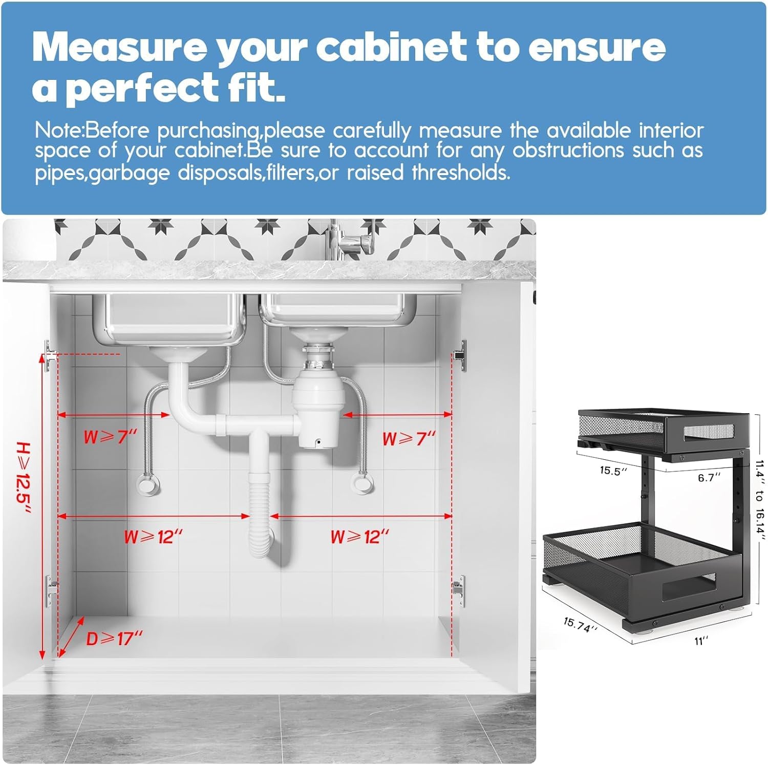 2-Pack Under Sink Storage Organizer, Large 2-Tier Elegant Mesh Pull Out Shelf for Kitchen and Bathroom Cabinet Organization, L-Shaped and Adjustable Height Design,Patent Pending-Black