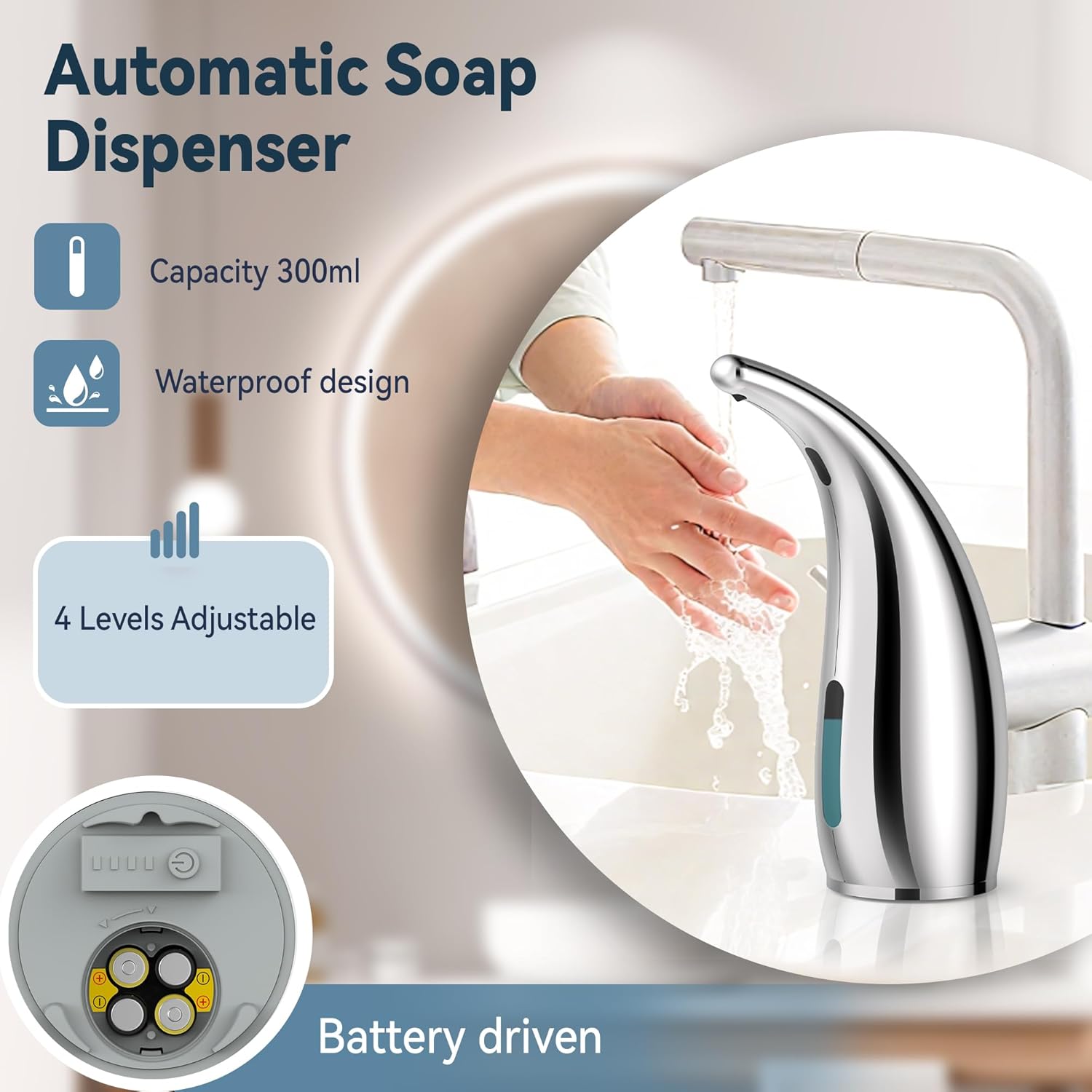 Automatic Soap Dispenser with Infrared Sensor - Adjustable 4-Level Touchless Hand Soap for Kitchen, Bathroom - Battery Operated Electric Dispenser, Durable Plastic, Smart Soap Holder (Silver)