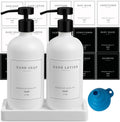 Kitchen Soap Dispenser - Hand and Dish Soap Dispenser Set, Bathroom Glass Soap and Lotion Dispenser with Pump, Tray, 14 Waterproof Labels, Set of 2 White Bottle/Black Pump-pd