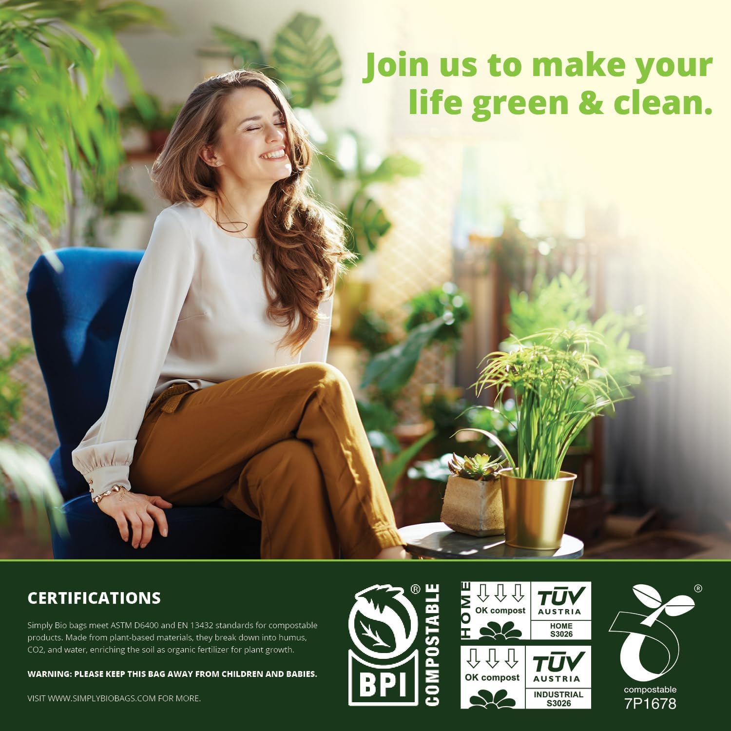 Simply Bio 1.6 Gallon Compostable Trash Bags Liners Handle, Heavy Duty Extra Thick 0.6 Mil, 6.06 Liter, 50 Bags, Small Kitchen Food Scrap Waste Bag, ASTM D6400, US BPI and OK Compost Home Certified