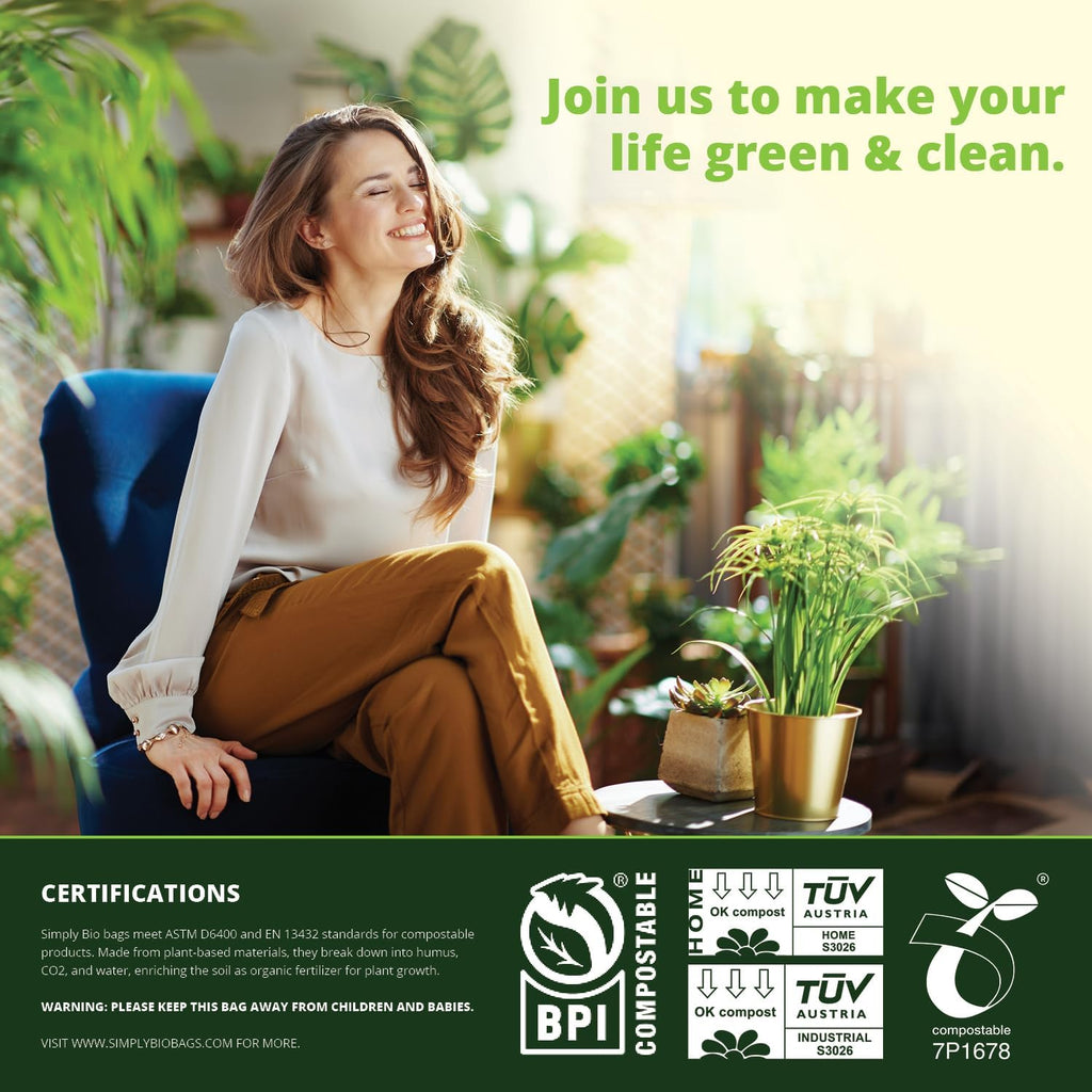 Simply Bio 13 Gallon Compostable Trash Bags Liners with Handle-Tie, Thick 0.87 Mil, 49.21 Liter, 30 Bags, Tall Kitchen Food Scrap Waste Bag, ASTM D6400, US BPI and OK Compost Home Certified