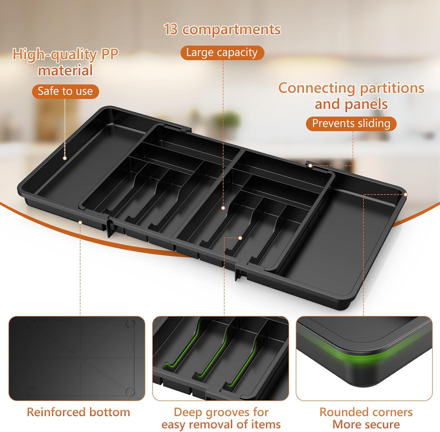 Large Silverware Drawer Organizer,utensil drawer organizer Adjustable Flatware and Cutlery Holder BPA Free Plastic Utensil Tray for Kitchen Spoons Forks Knives Black 21.6 to 38 Inches