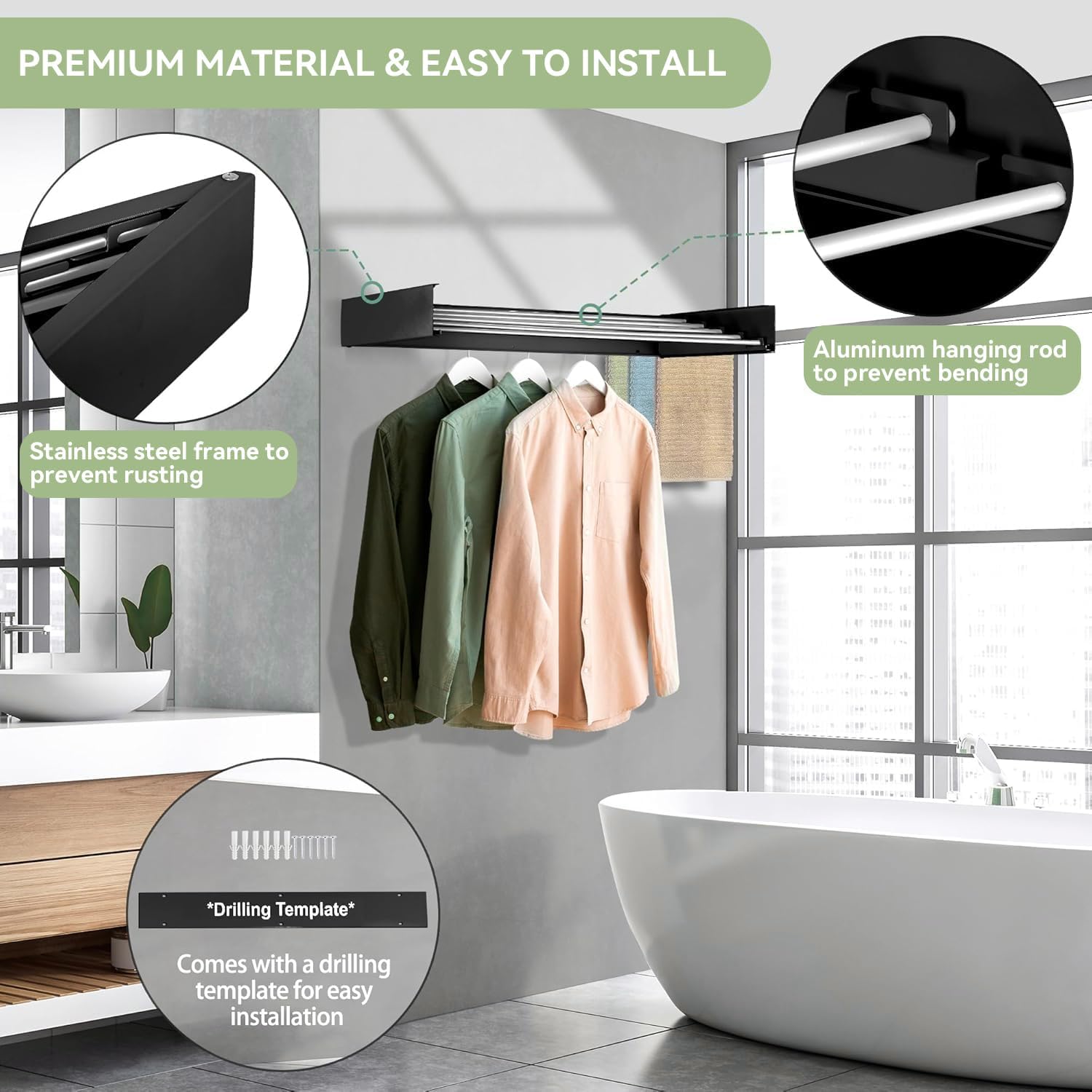 Wall Mounted Clothes Drying Rack, 5 Aluminum Rods, Collapsible, White, 32 inches (Black, 32'')