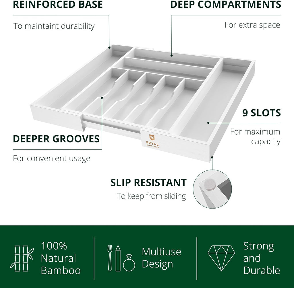 ROYAL CRAFT WOOD Luxury Bamboo Kitchen Drawer Organizer - Silverware Organizer - Utensil Holder and Cutlery Tray with Grooved Drawer Dividers for Flatware and Kitchen Utensils (9 Slot, White)