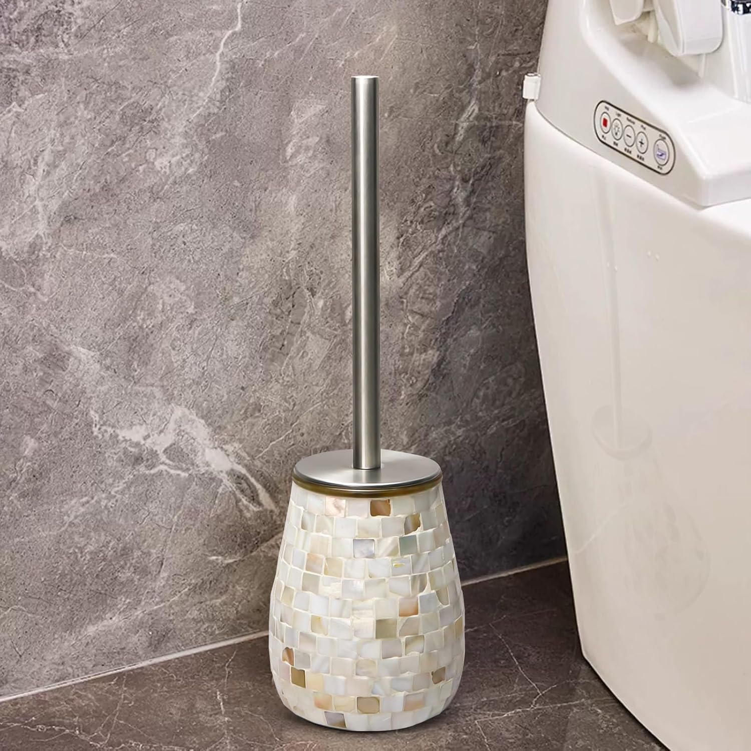 WDHODEC Natural Shell Toilet Brush and Holder Set Mosaic Glass, Stainless Steel Toilet Scrubber Brush, Decorative Toilet Bowl Brush and Holder, Luxury Bathroom Accessories