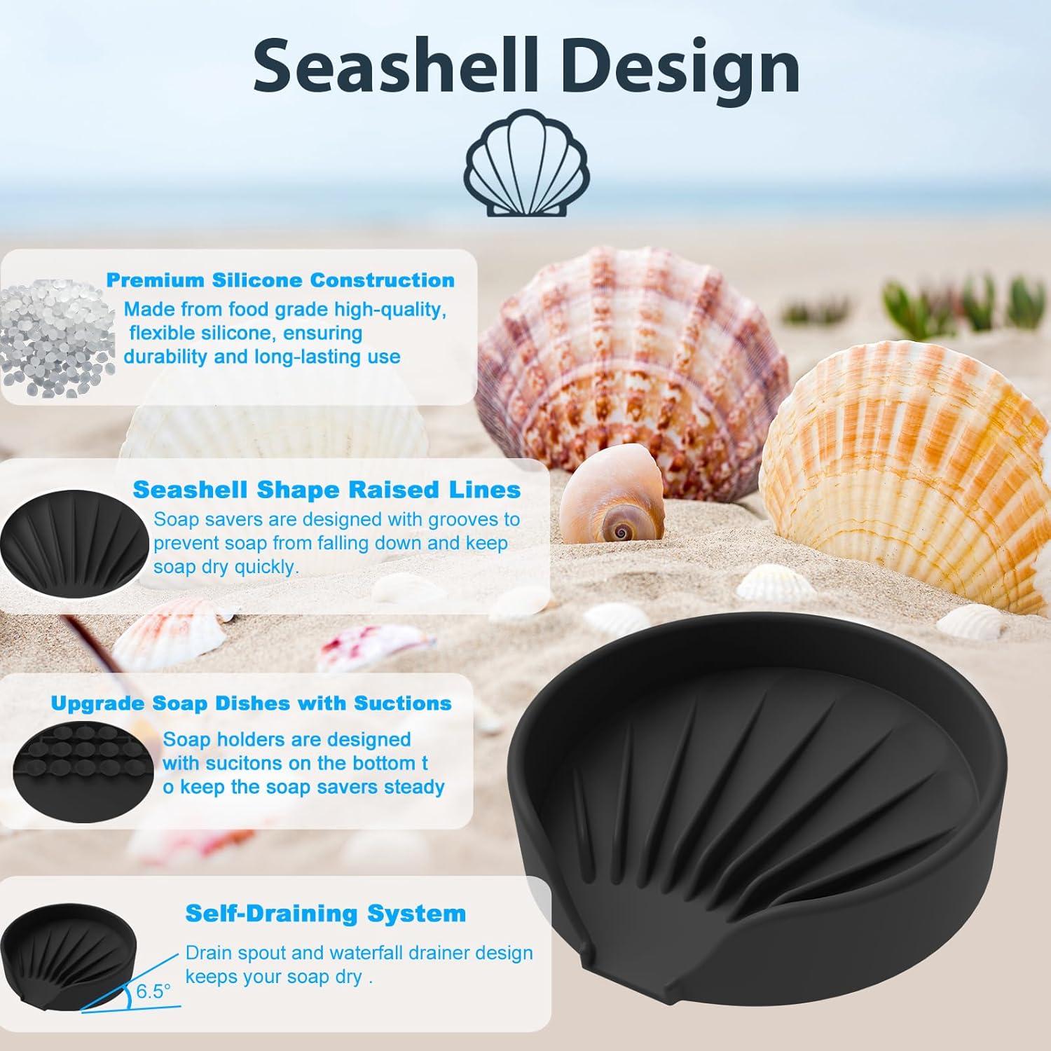 Self Draining Soap Dish, Silicone Suction Cup Soap Holder Tray Savers Container Sponge Holder for Bar Bathroom Shower Kitchen Sink, Can Extend Soap Life (2, Black)