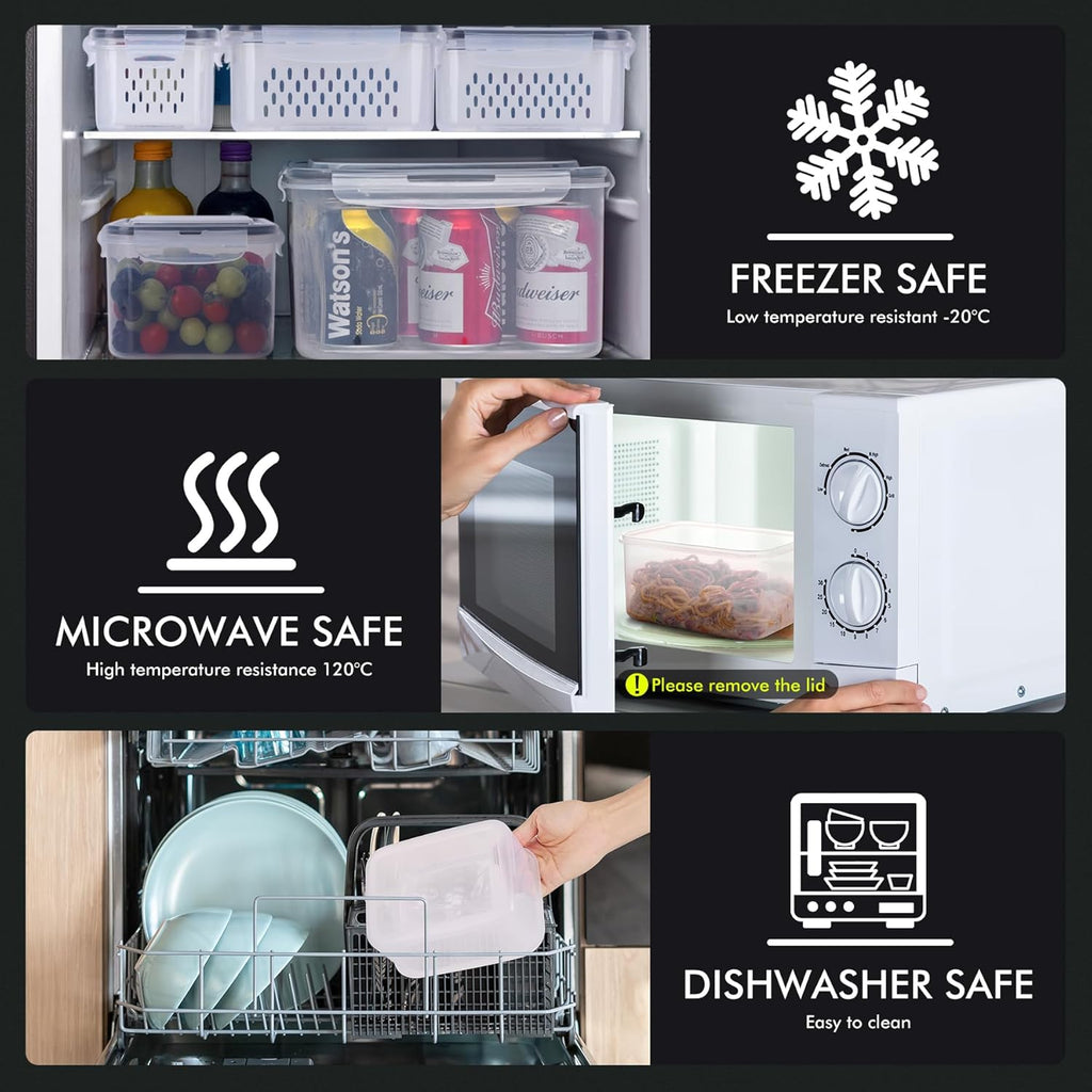 HOTEC 5-Pack Large Fruit Storage Container for Fridge Leak proof with Removable Colander, BPA Free Dishwasher & microwave safe Largest 4.15L