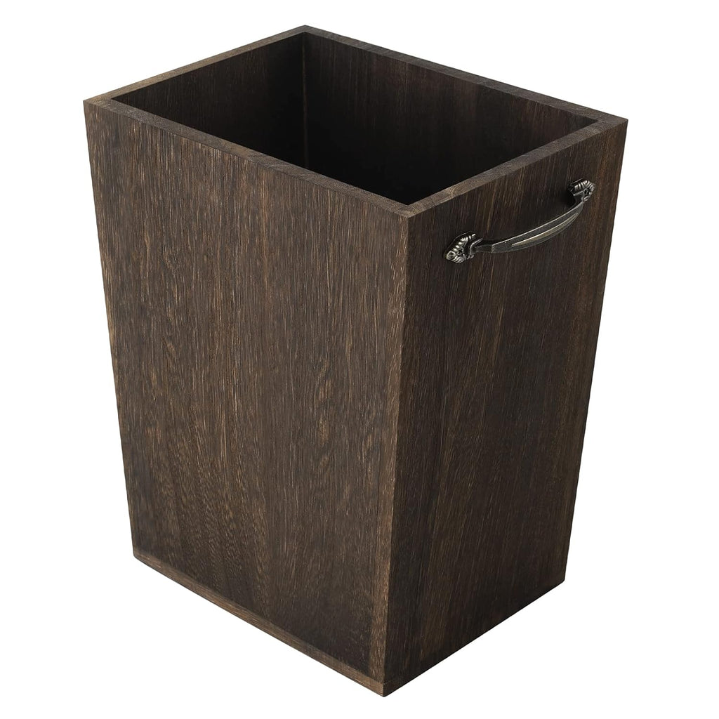 Trash Can Wastebasket Wood Garbage Container Bin with Built-in Double Metal Handles for Office, Bedroom, and Bathroom, Dark Brown