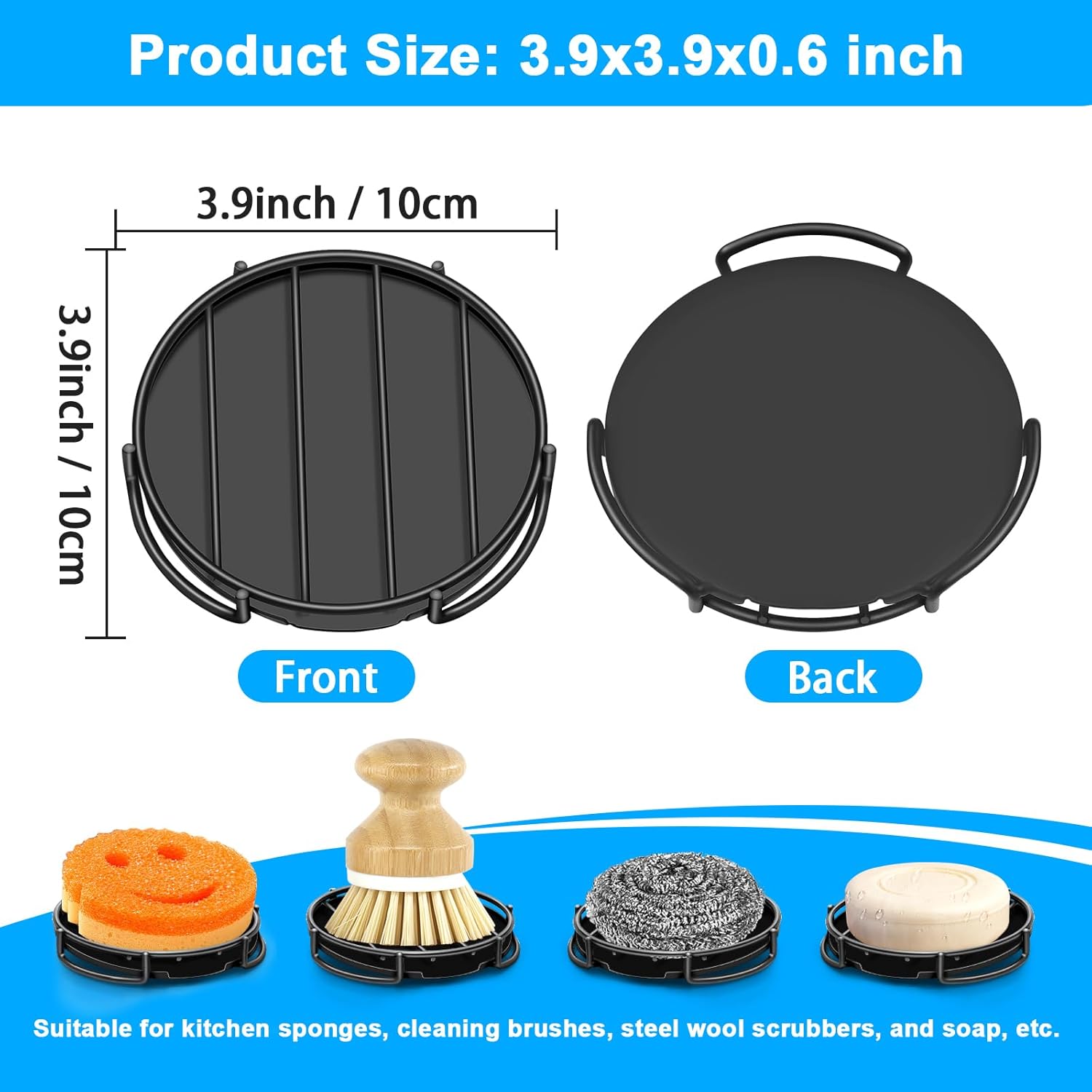 Stainless Steel Smiley Face Dish Sponge Holder, Black Sink Caddy for Kitchen Countertop, Soap Bar Dishes with Drainage, Self Draining Soap Dish Saver Shampoo Holder Tray Caddy for Scrubber