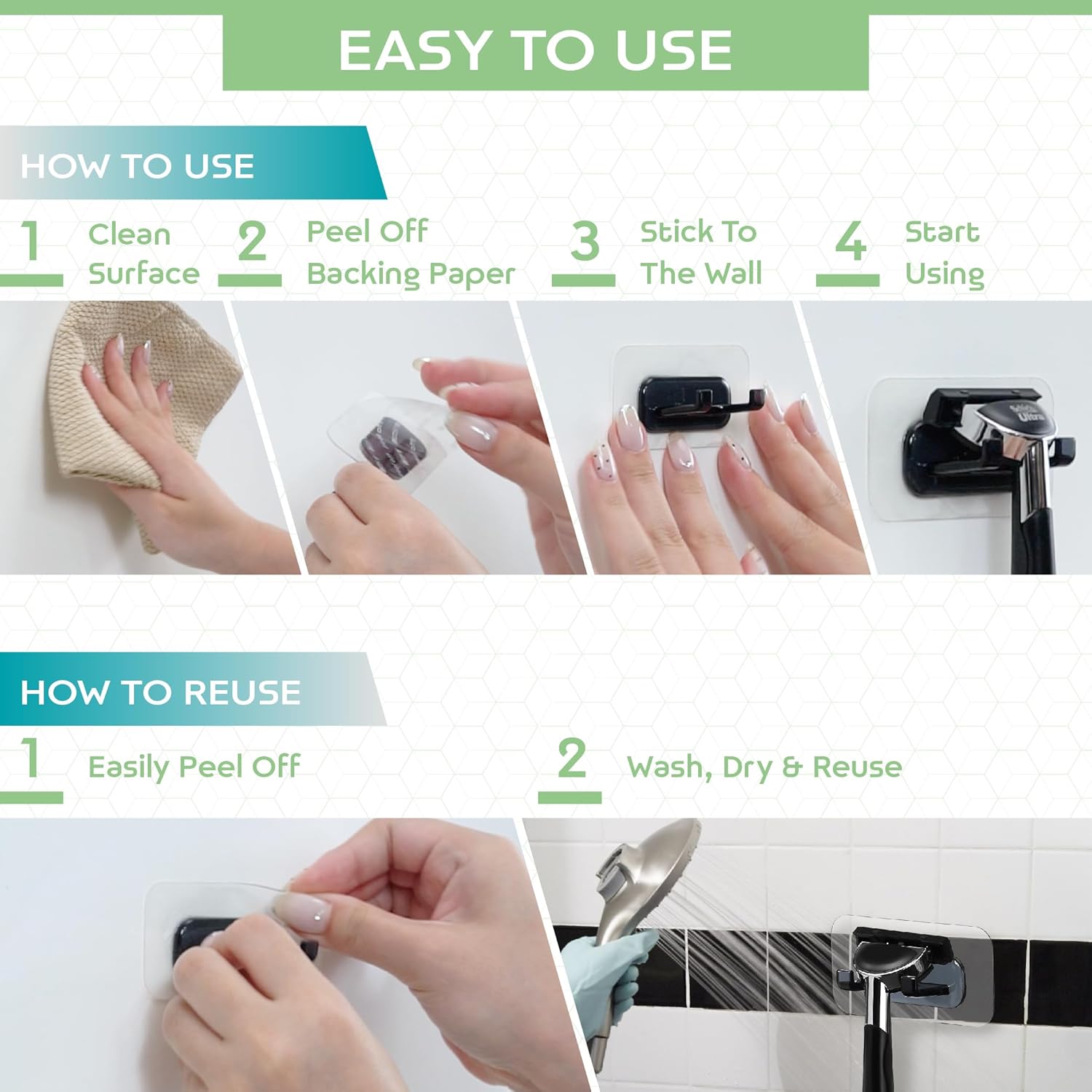 Hook LAB Self-Adhesive Shower Razor Holder, 2-Pack, Removable & Reusable Waterproof Hooks, for Towels, Bath Accessories, Kitchen & Bathroom Use - White