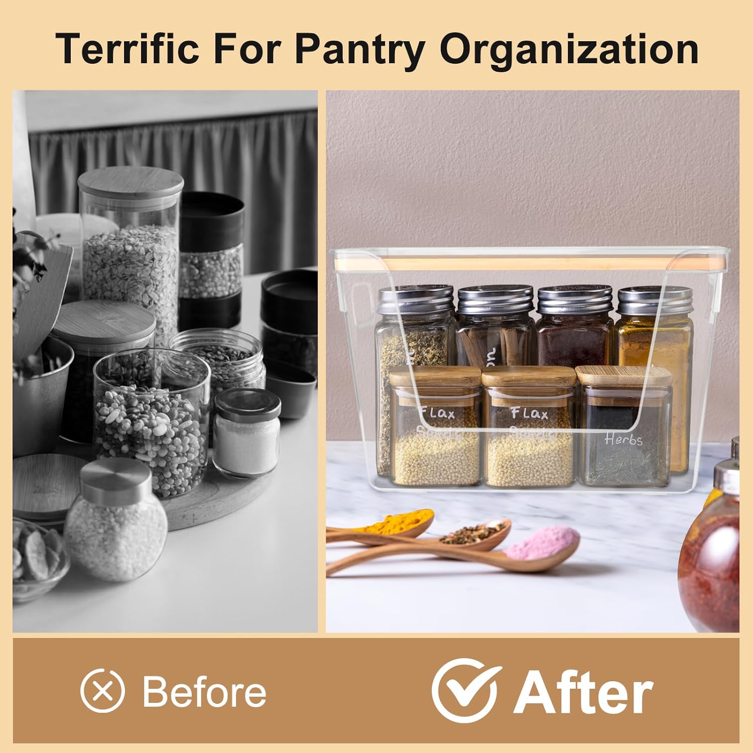 2 Pack Pantry Organizers Storage for Kitchen, Storage Bins with Bamboo Lids, Large Capacity, Clear Stackable Storage Containers forHome, Cabinet, Shelf, Food Storage & Fridge Organization