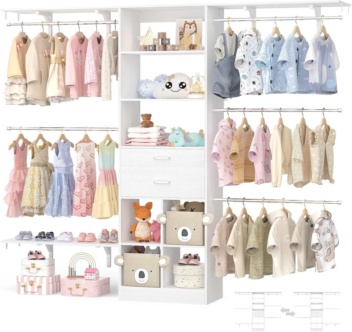 Closet System - 4.75-8FT Closet Organizer System with Wooden Drawers & Cube Storage Organizer, Up To 96" Closet Systems for Nursery & Walk-In Closets with Cuttable Hanging Shelving, White