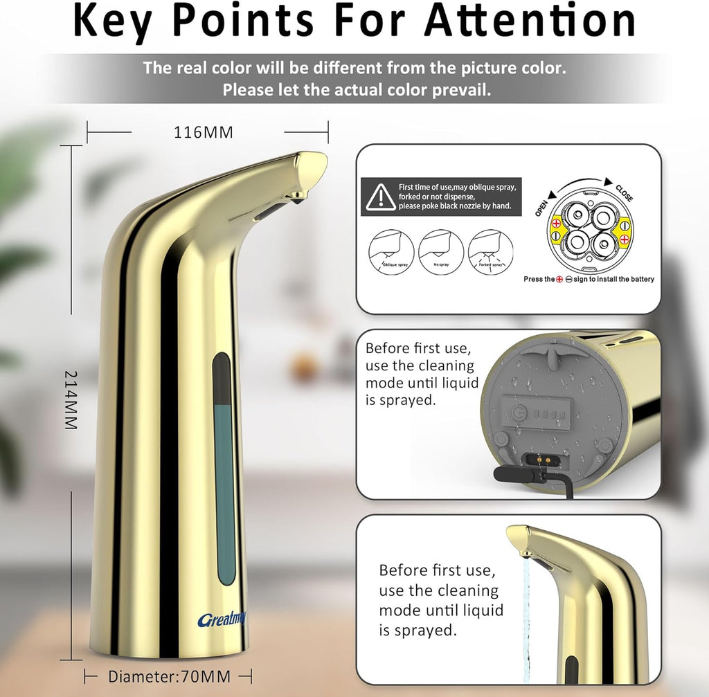 Convenient Automatic Soap Dispenser,4 Adjustable Levels Touchless Hand Sanitizer Pump with Infrared Sensor, 400 ml Countertop Electric Soap Dispenser for Bathroom,Kitchen (Gold)