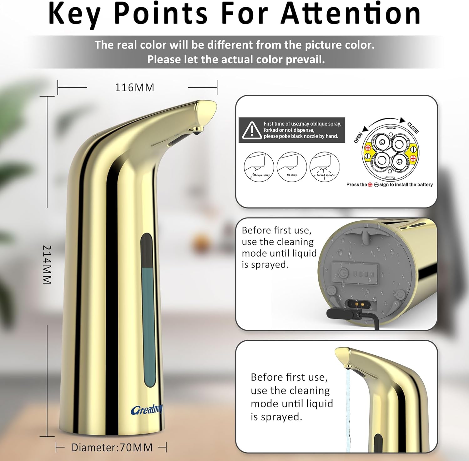Convenient Automatic Soap Dispenser,4 Adjustable Levels Touchless Hand Sanitizer Pump with Infrared Sensor, 400 ml Countertop Electric Soap Dispenser for Bathroom,Kitchen (Gold)
