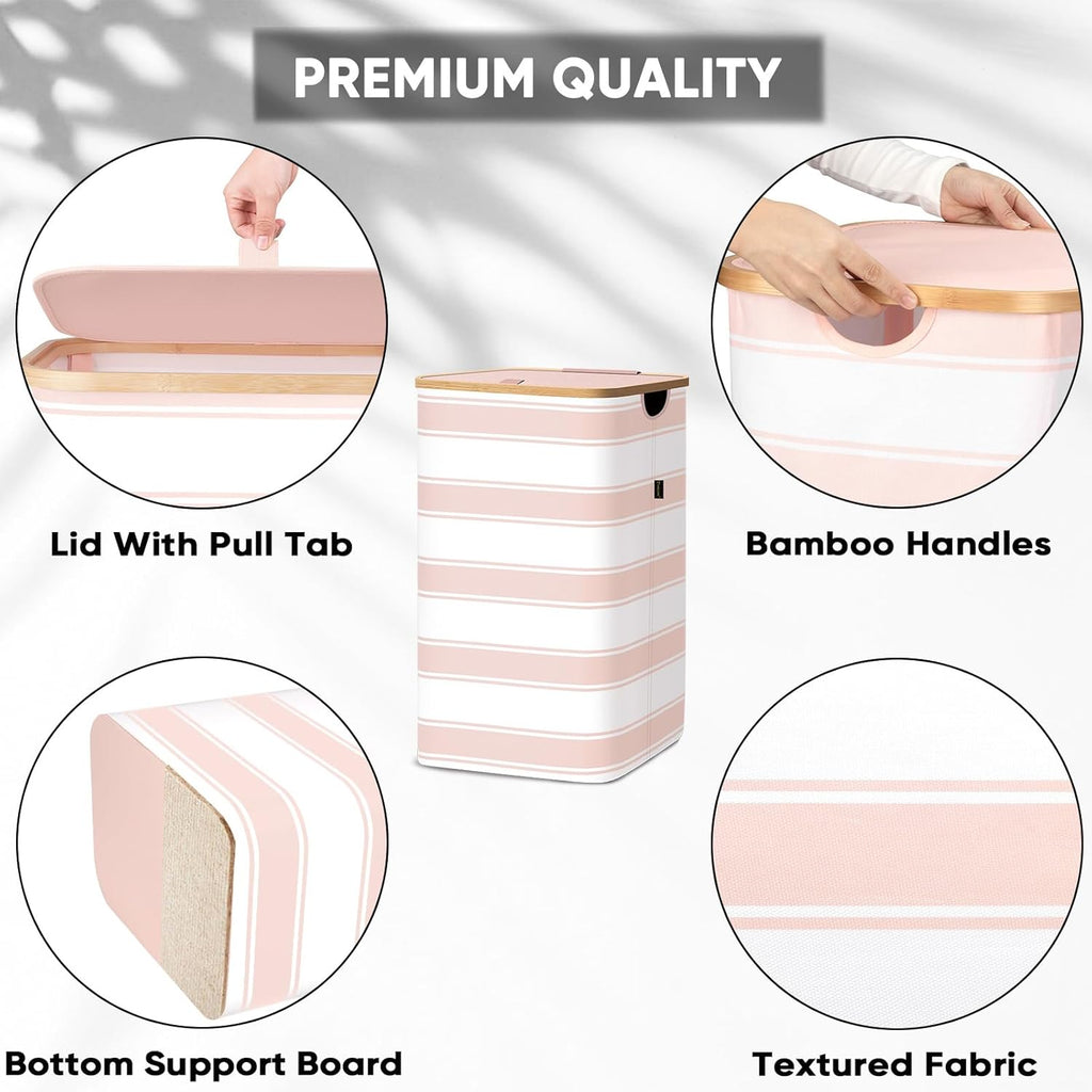 BALEINE Laundry Hamper with Lid, Tall Laundry Baskets with Bamboo Pull Handles, Large Laundry Bin with Internal Support (18 Gal/70L, Pink Stripe)