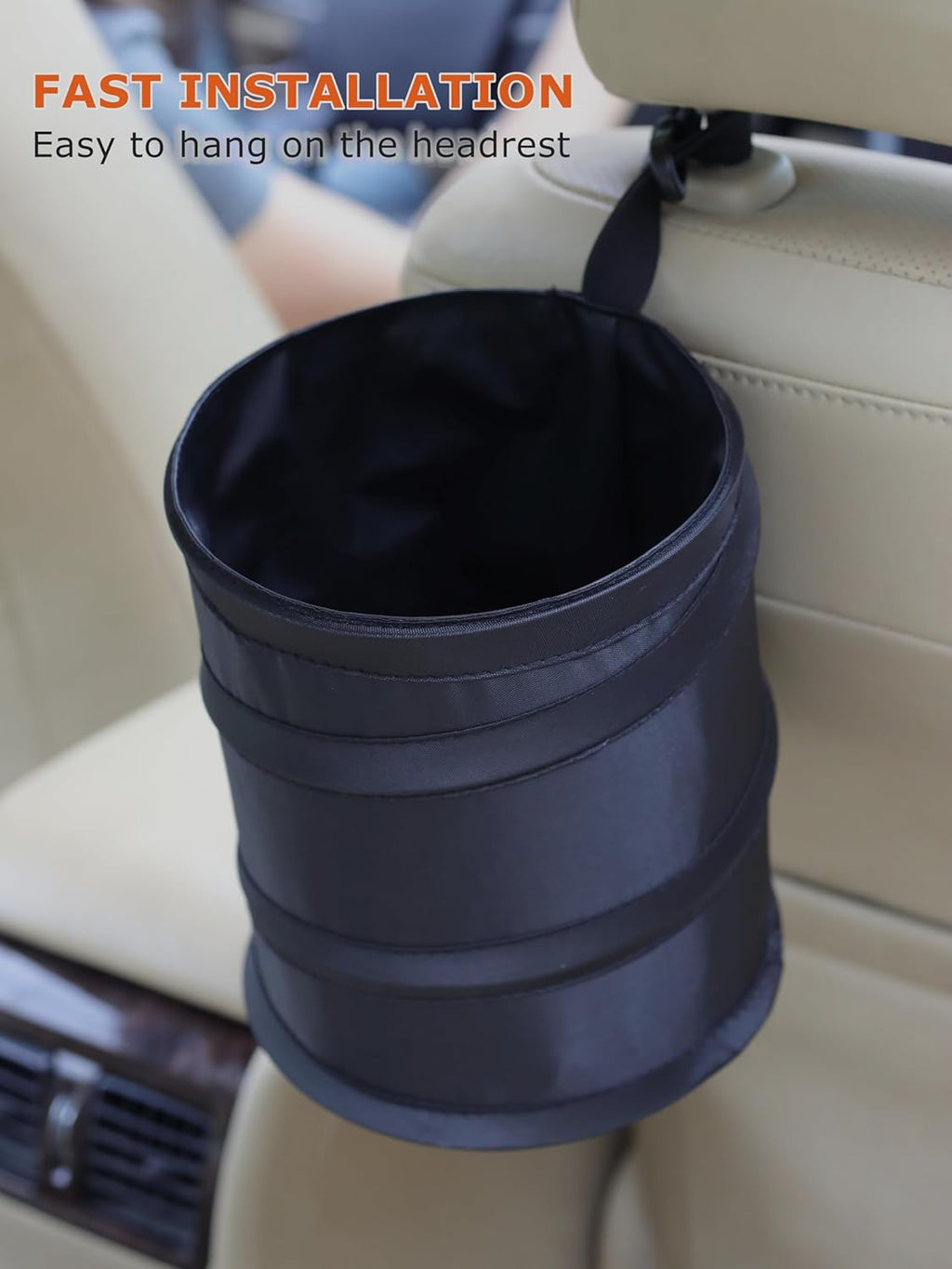 Ginsco New Leakproof Car Trash Can, 1 Gallon Mini Trash Can Pop-up Collapsible Hanging Car Trash Bin with Hook and Loop, Waterproof PEVA Liner Open-Top Garbage Can for Cars Home Office