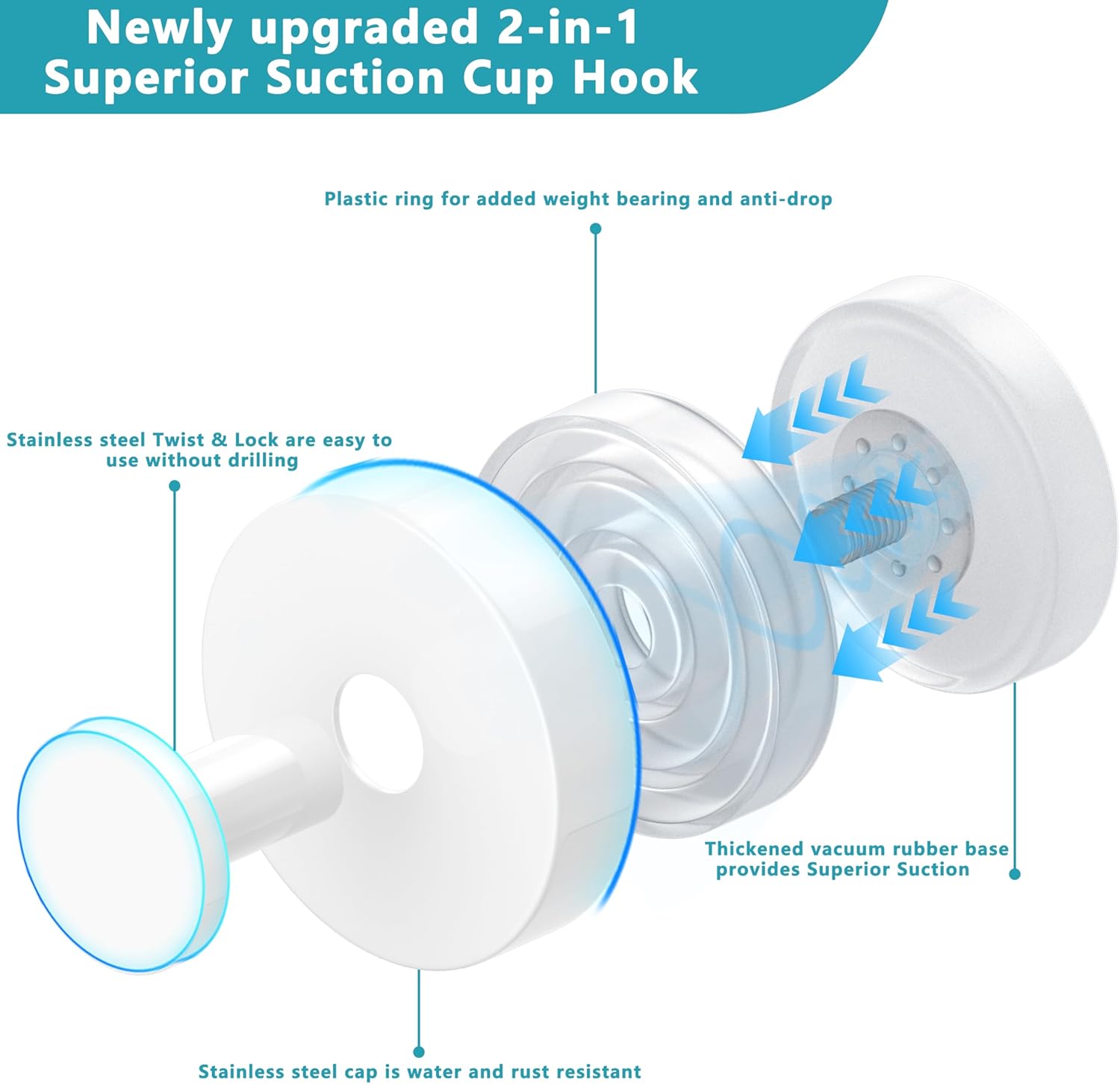 Suction Cup Hooks for Shower,Removable No Drill Towel Hooks,Upgraded 15 lbs Strong Suction hooks for Bathroom Tile,Shower Wall,Glass Door,Kitchen-Loofah,Coat,Stainless Waterproof-White 2 Pcs