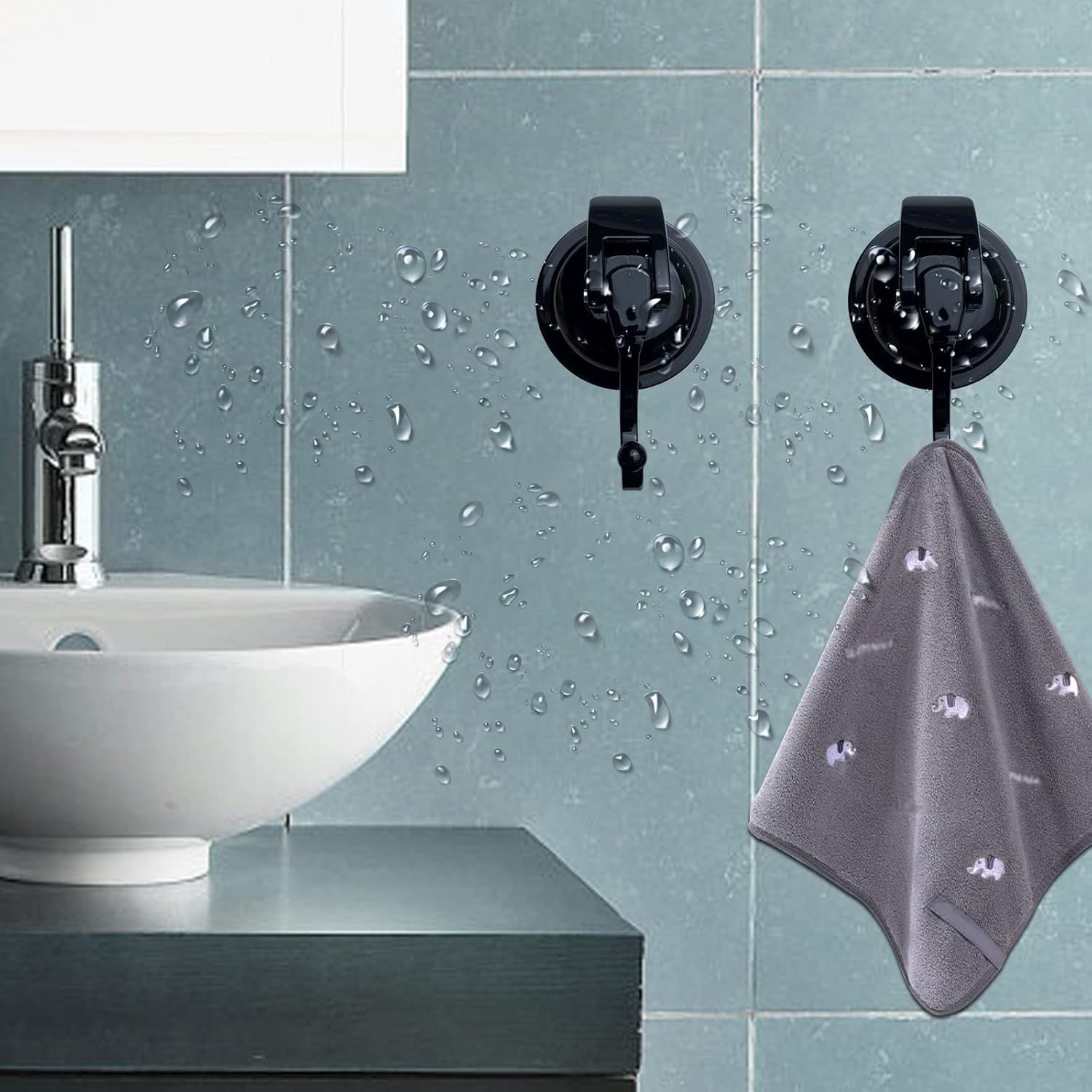 Heavy Duty Vacuum Shower Hooks - Glass Suction Cup Hooks, Reusable, No Hole Punched, for Bathroom Robe and Garland Decoration (Black, 2 Pack)