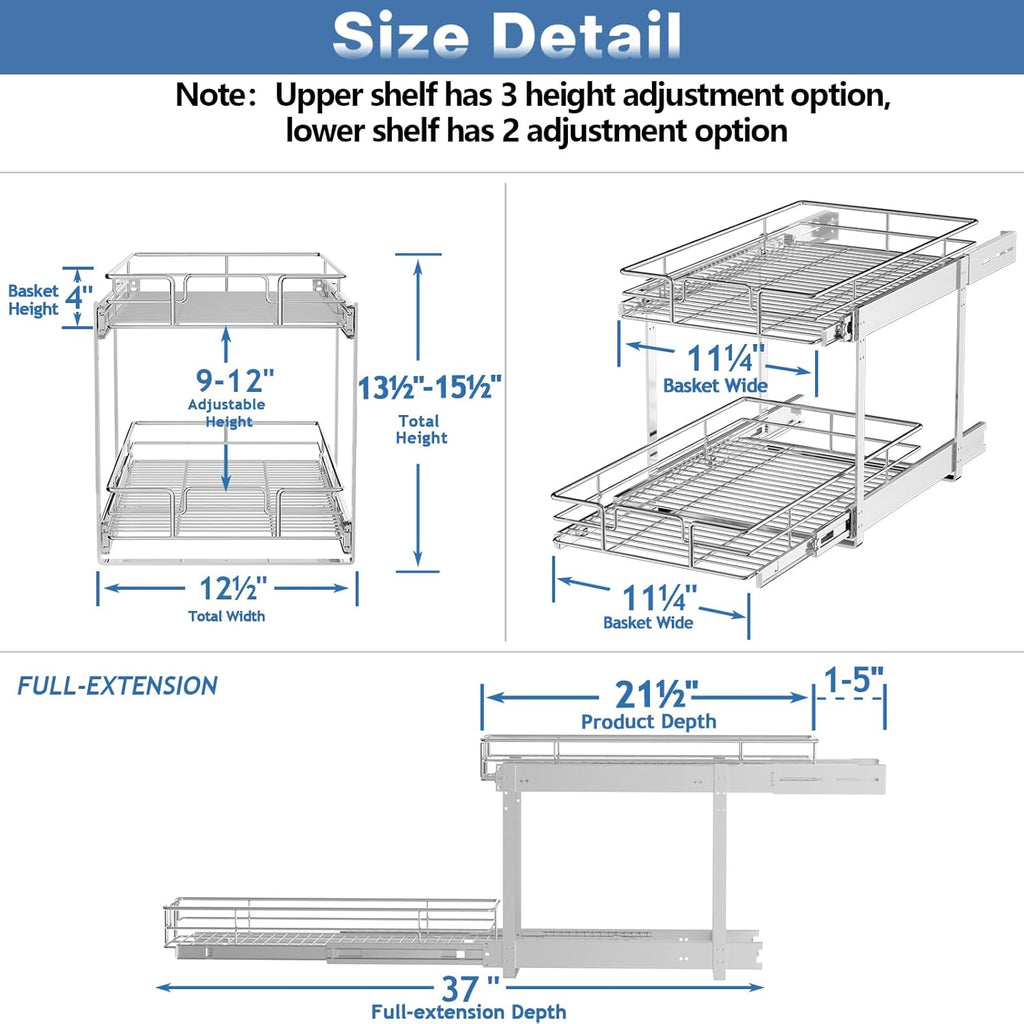 ROOMTEC Individual Pull Out Cabinet Organizer (12½" W x 21½" D), 2 Tier Spice Rack Organizer for Cabinet, Slide Out Drawer Pantry Shelf Organization and Storage for Kitchen Bathroom