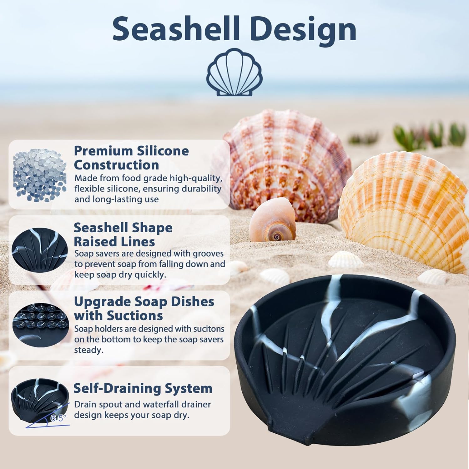 Self Draining Soap Dish, Silicone Suction Cup Soap Holder Tray Savers Container Sponge Holder for Bar Bathroom Shower Kitchen Sink, Can Extend Soap Life (2, Marble)