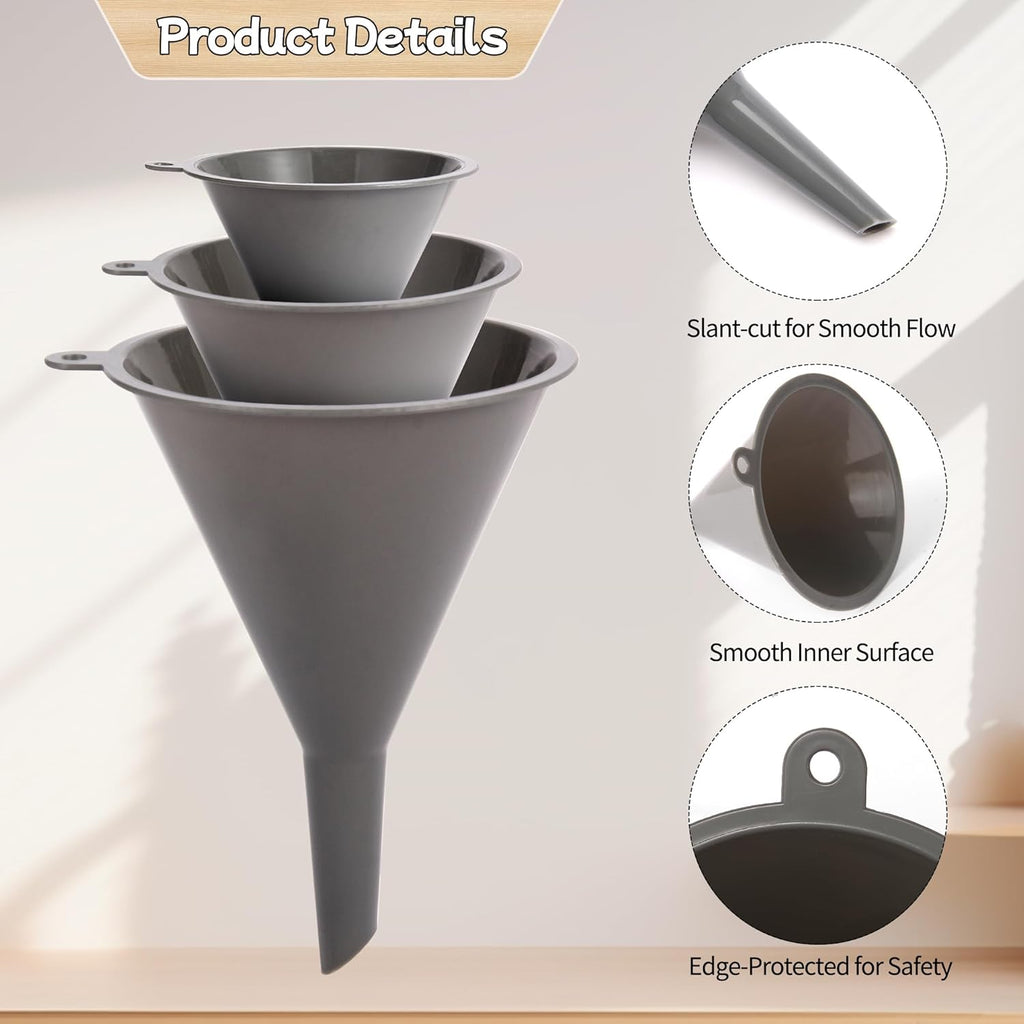 Plastic Kitchen Funnel Set of 3 with Clean Brush, Round Food Funnels for Kitchen Use, Multifunctional Funnels for Filling Canning&Bottles, Suitable for Cooking, Lab and Automotive Use