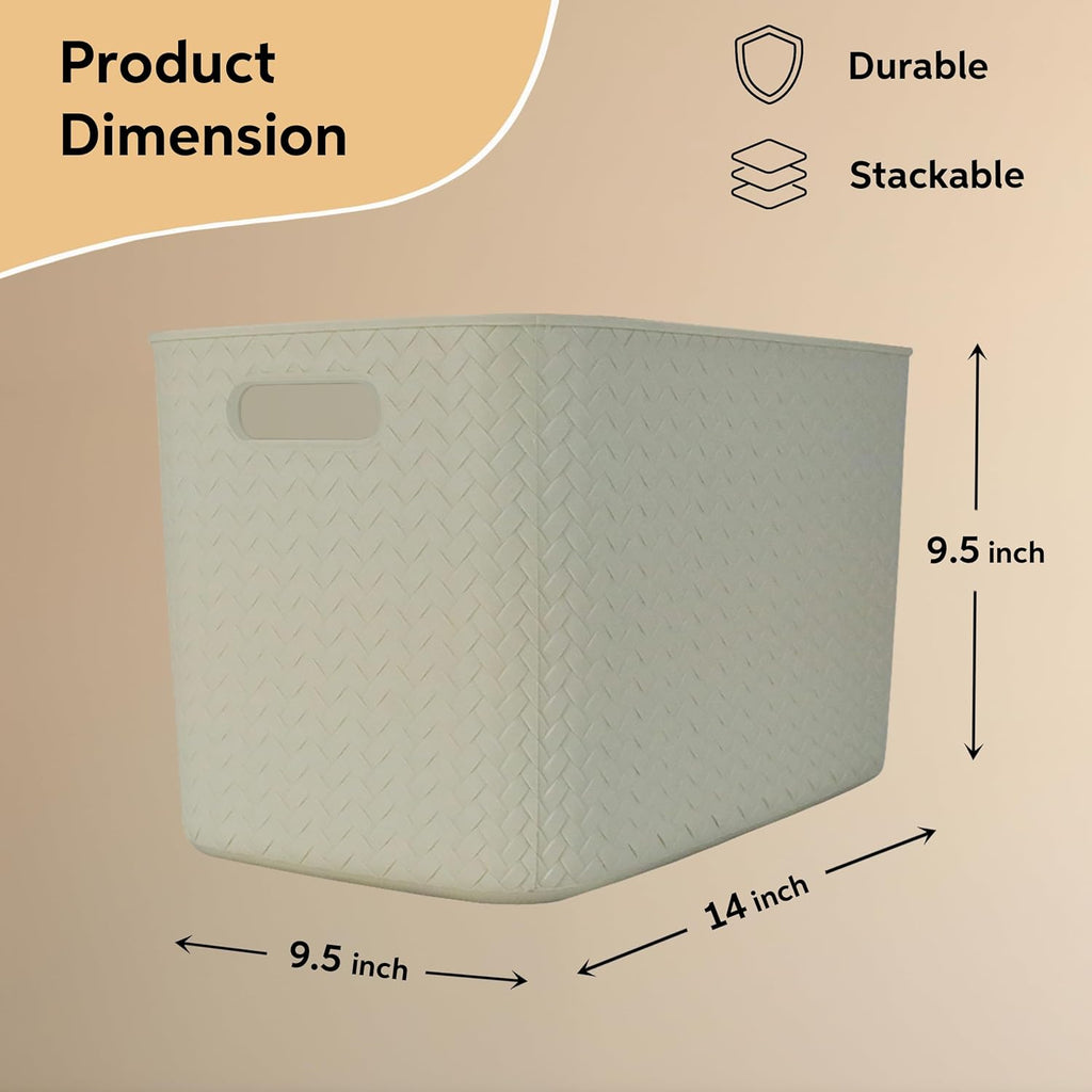 Storage Bins with Bamboo Lid – Stackable, Multi-Purpose Organizers for Pantry, Closet, Kitchen, and Home – Elegant Wicker-Style Design with Ergonomic Handles (Cream)